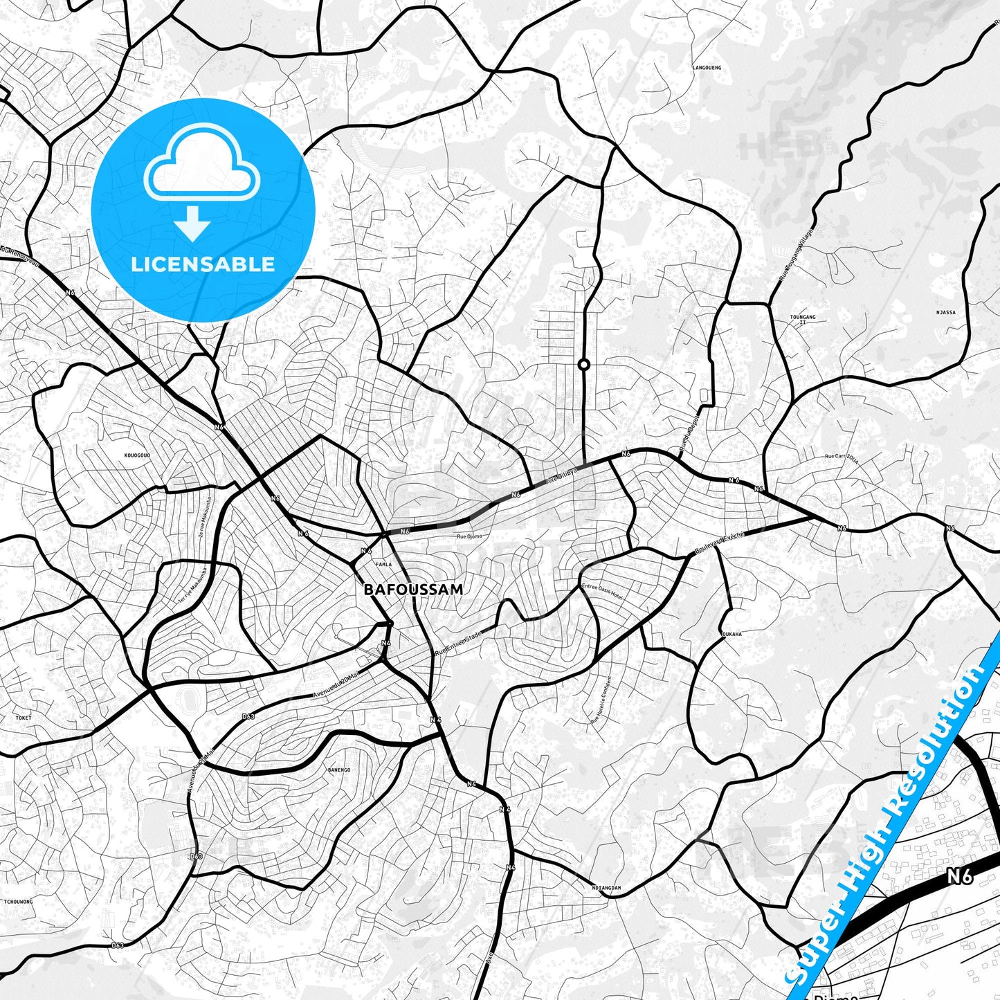 Bafoussam, Cameroon Light Map with Street Names, City Names, and Districts