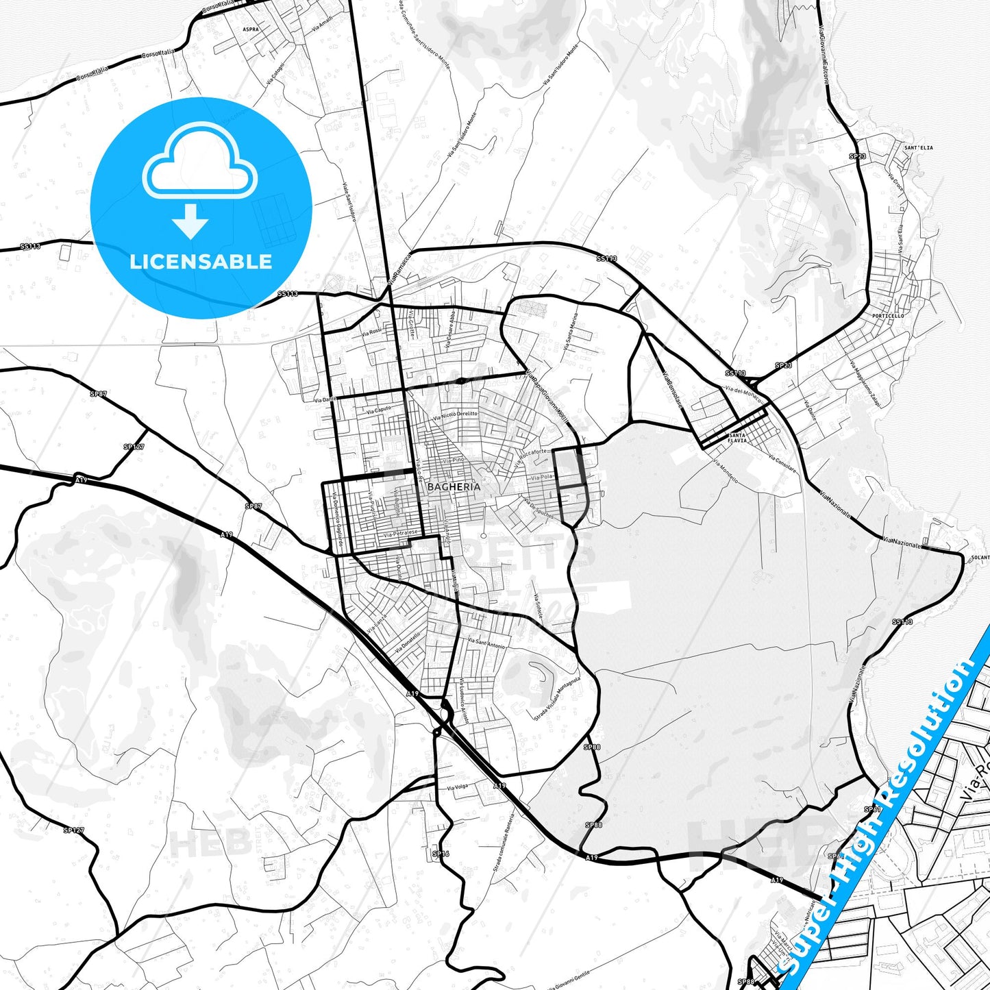 Bagheria, Italy Light Map with Street Names, City Names, and Districts