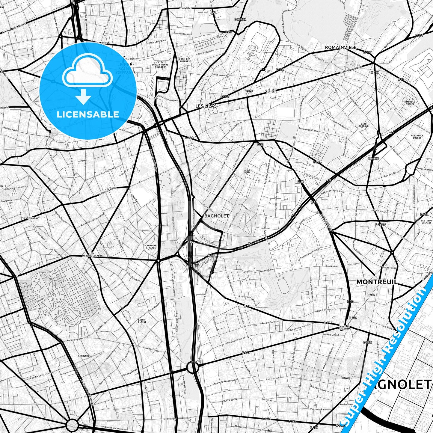 Bagnolet, France Light Map with Street Names, City Names, and Districts