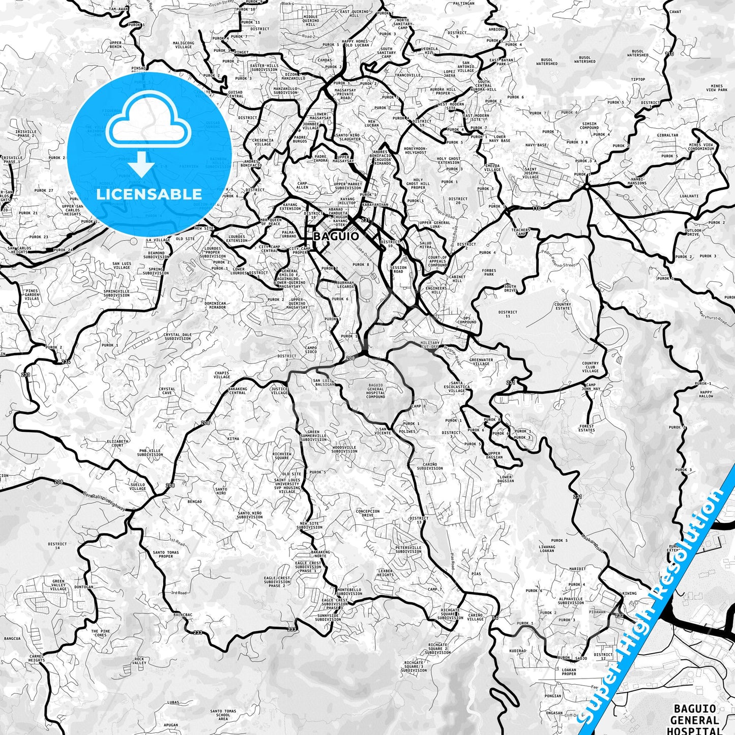 Baguio, Philippines Light Map with Street Names, City Names, and Districts