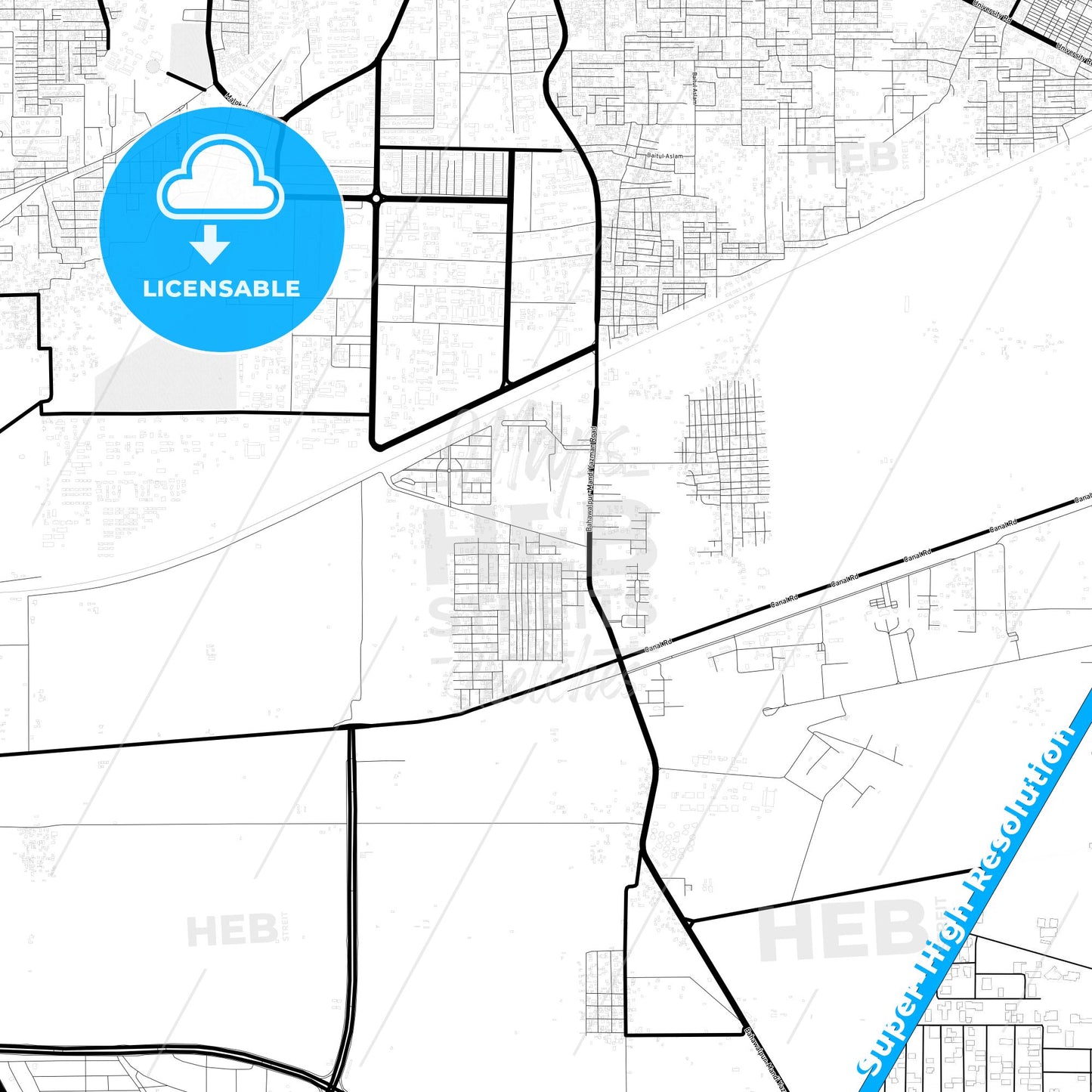 Bahawalpur, Pakistan Light Map with Street Names, City Names, and Districts