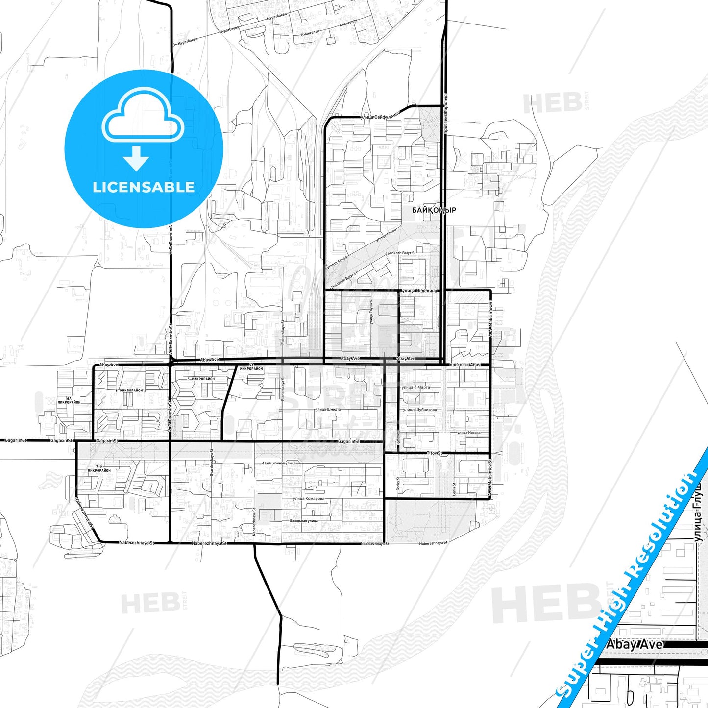 Baikonur, Kazakhstan Light Map with Street Names, City Names, and Districts