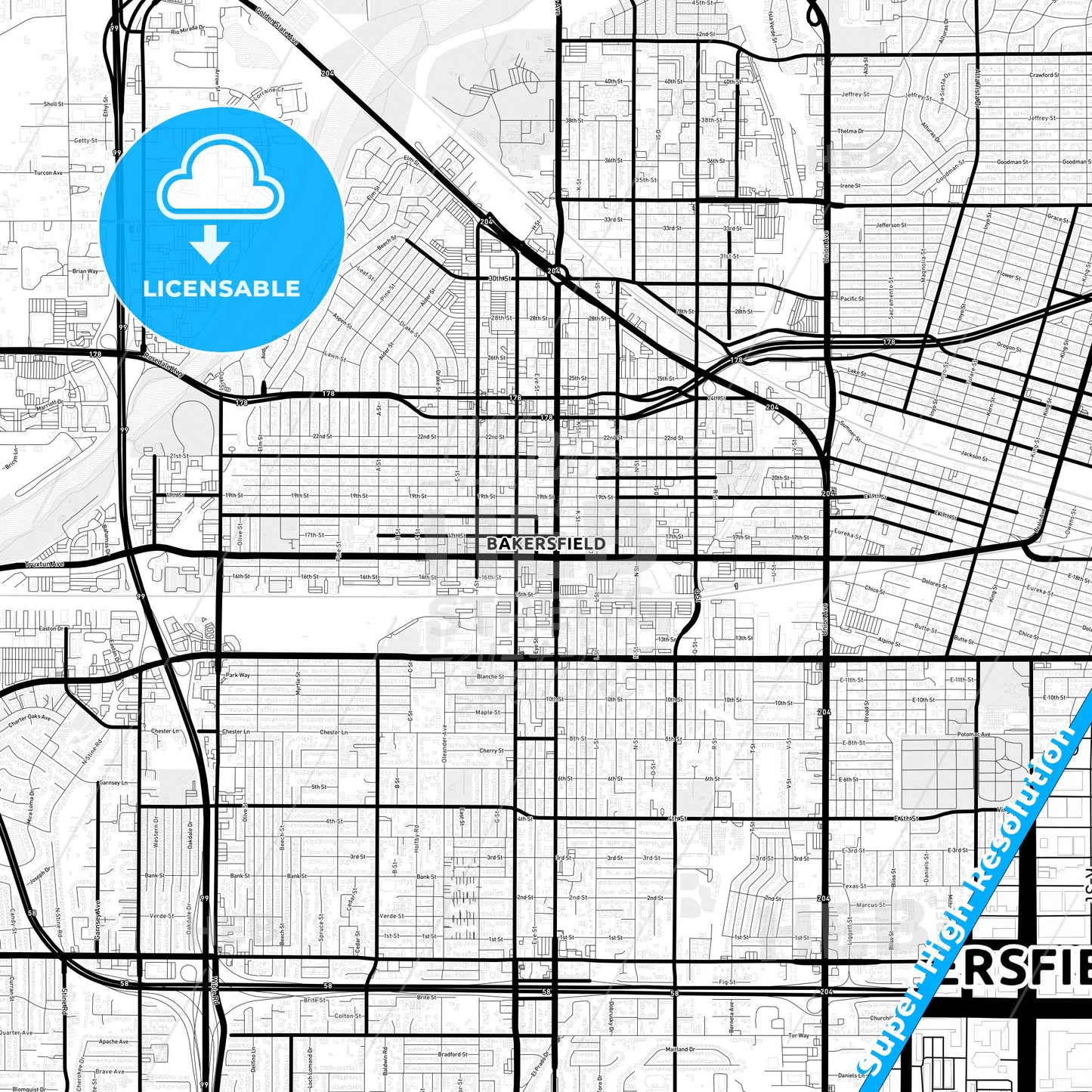 Bakersfield, California Light Map with Street Names, City Names, and Districts