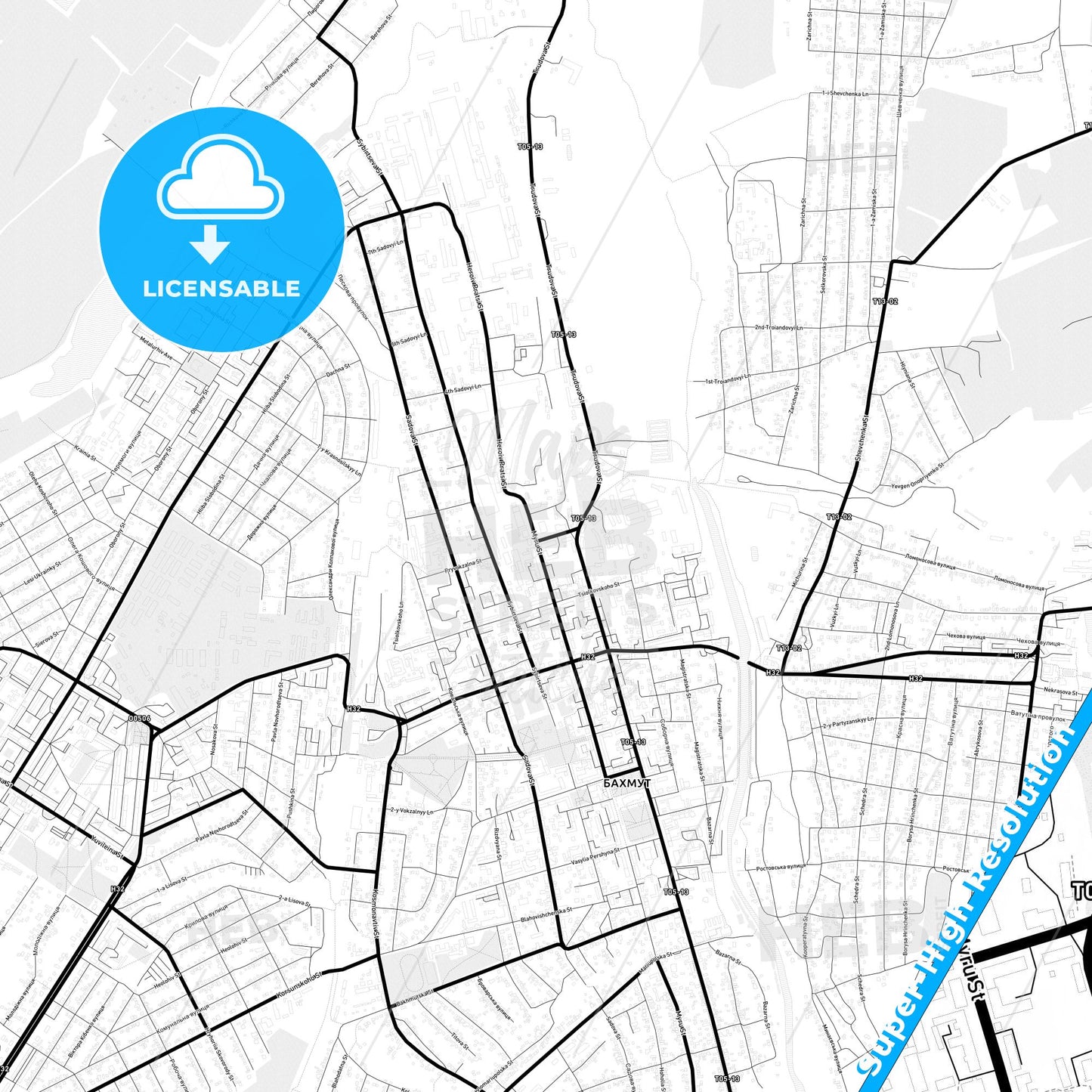 Bakhmut, Ukraine Light Map with Street Names, City Names, and Districts