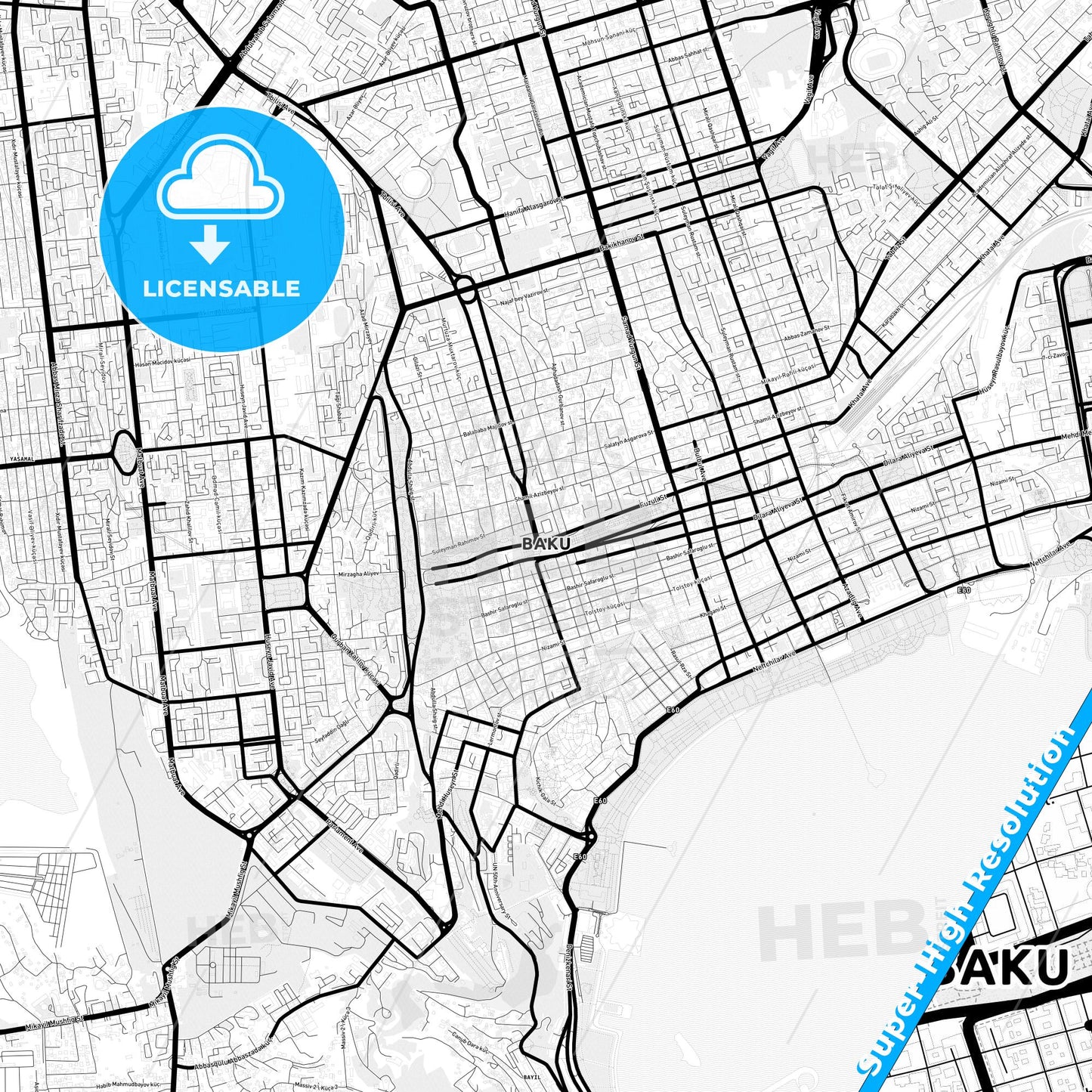 Baku, Azerbaijan Light Map with Street Names, City Names, and Districts