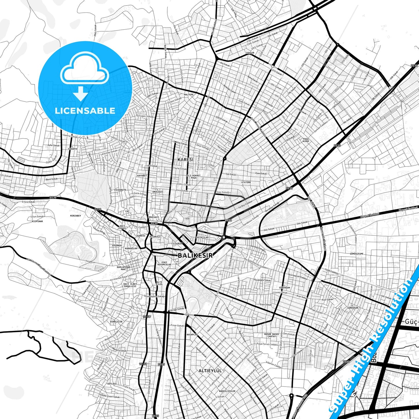 Balıkesir, Turkey Light Map with Street Names, City Names, and Districts