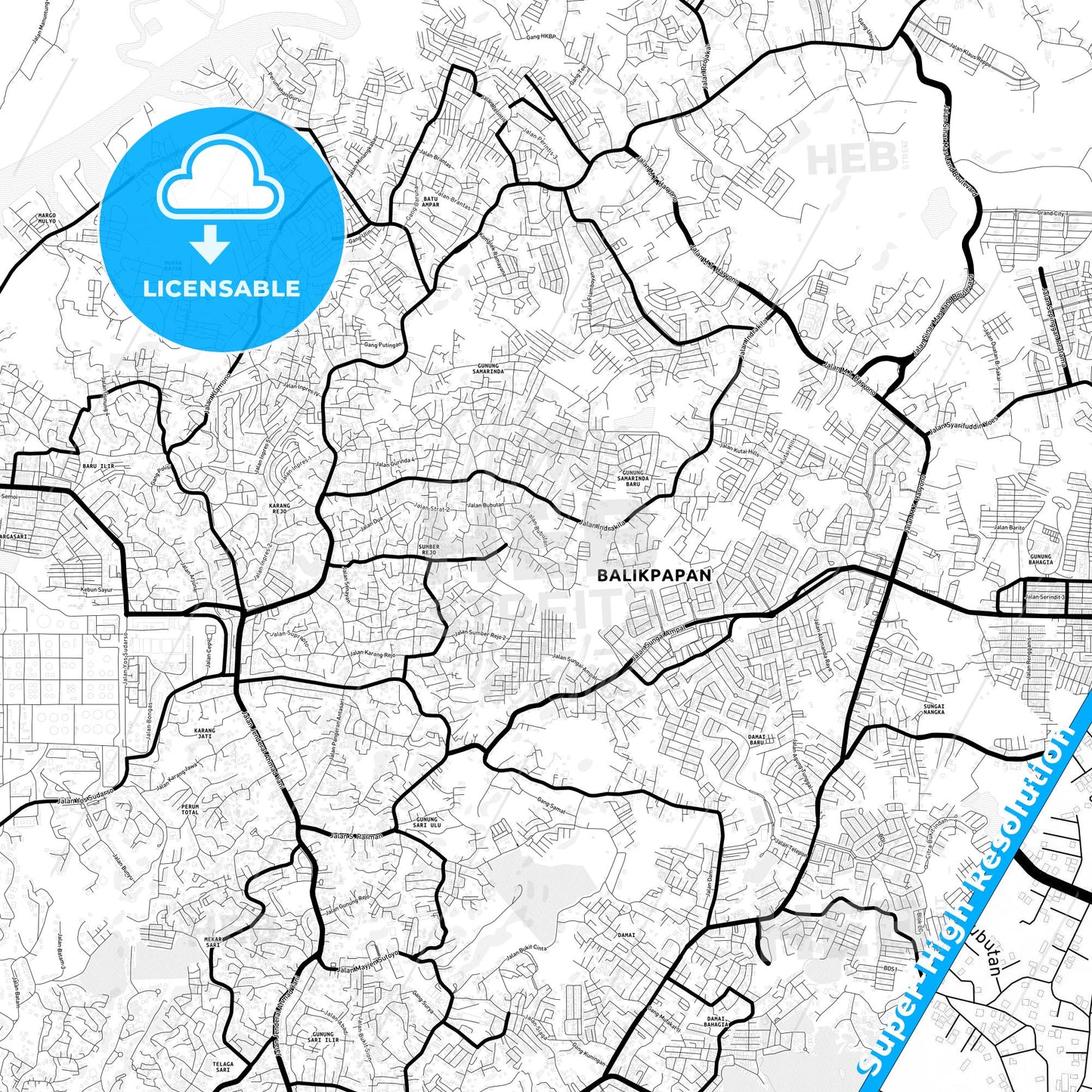 Balikpapan, Indonesia Light Map with Street Names, City Names, and Districts