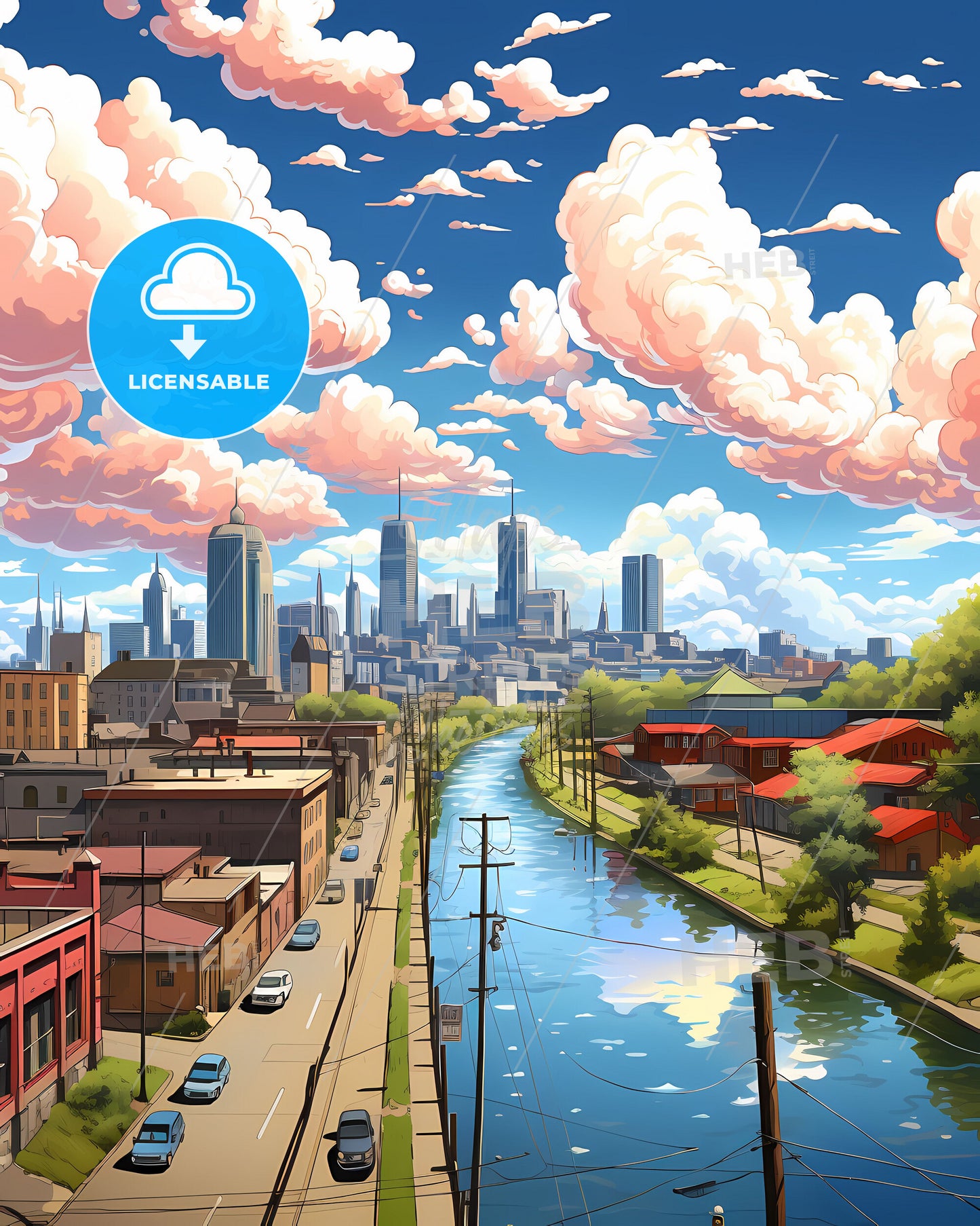 Balikpapan Indonesia Cityscape Art Painting Downtown River Buildings Trees