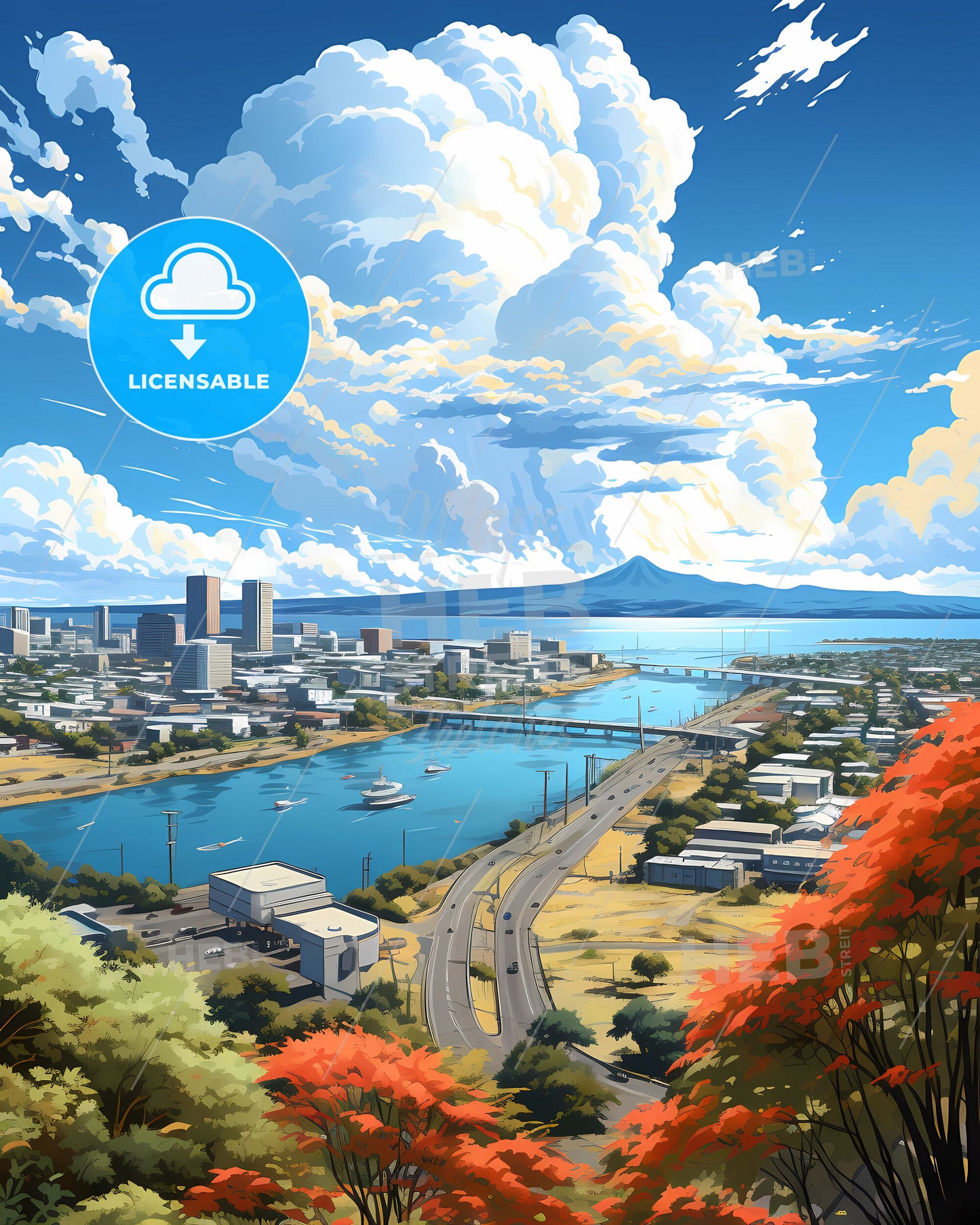 Balikpapan City Skyline Artistic Painting, Indonesia, Urban Landscape