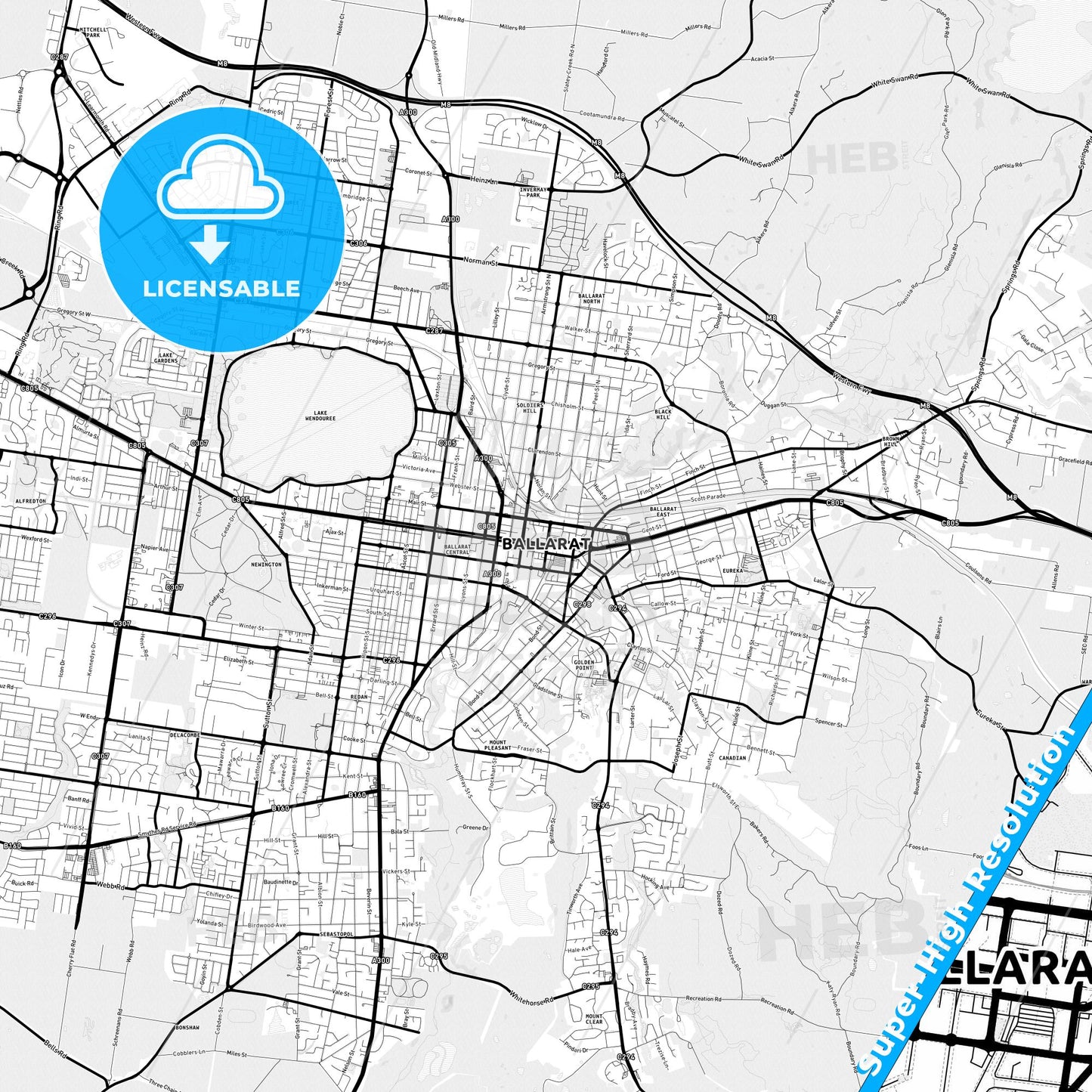 Ballarat, Australia Light Map with Street Names, City Names, and Districts