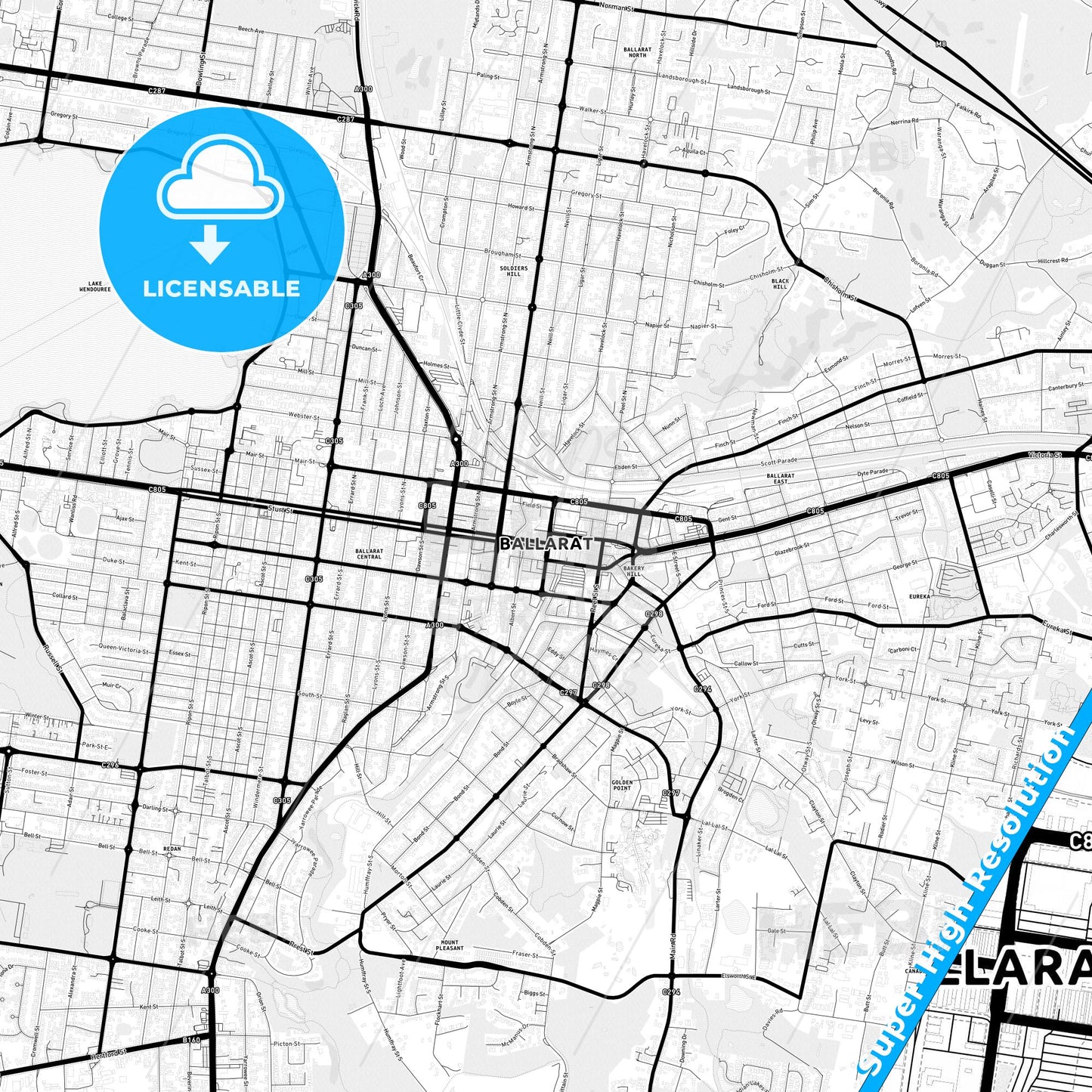 Ballarat, Australia Light Map with Street Names, City Names, and Districts