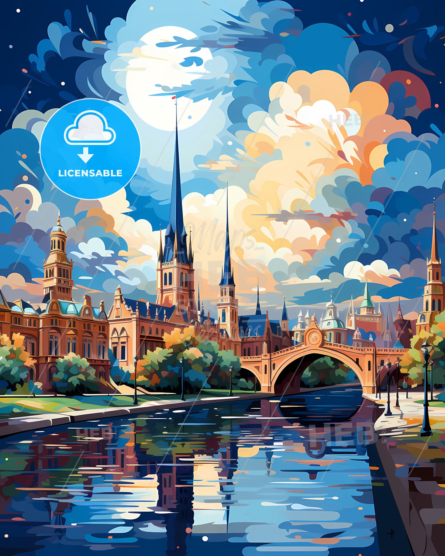 Ballarat Australia Cityscape Skyline Painting Art Castle Bridge River Vibrant Colors