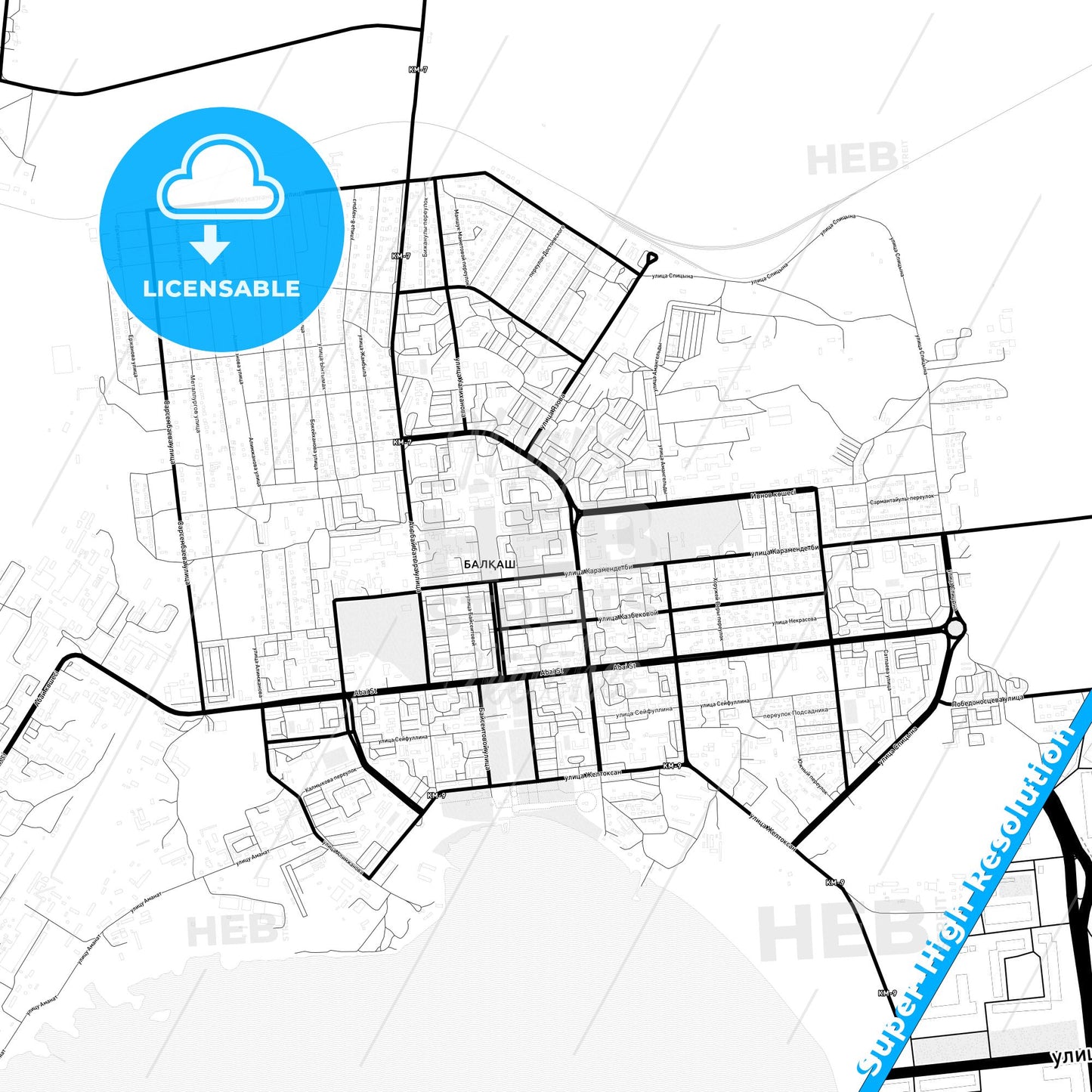 Balqash, Kazakhstan Light Map with Street Names, City Names, and Districts