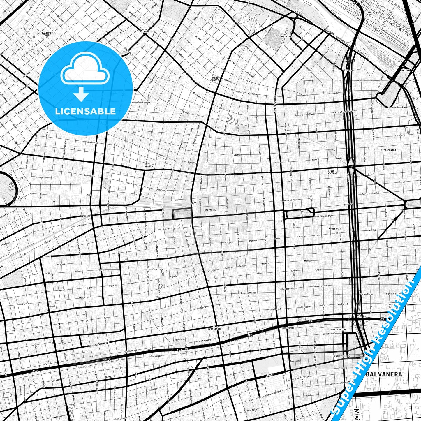 Balvanera, Argentina Light Map with Street Names, City Names, and Districts