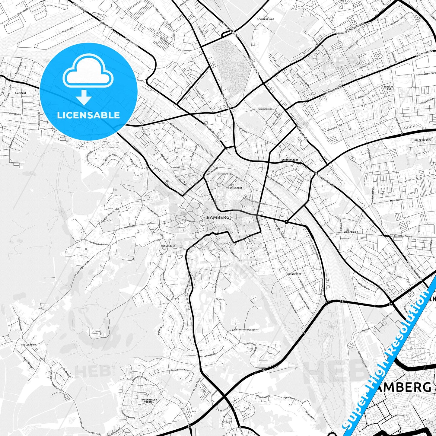 Bamberg, Germany Light Map with Street Names, City Names, and Districts