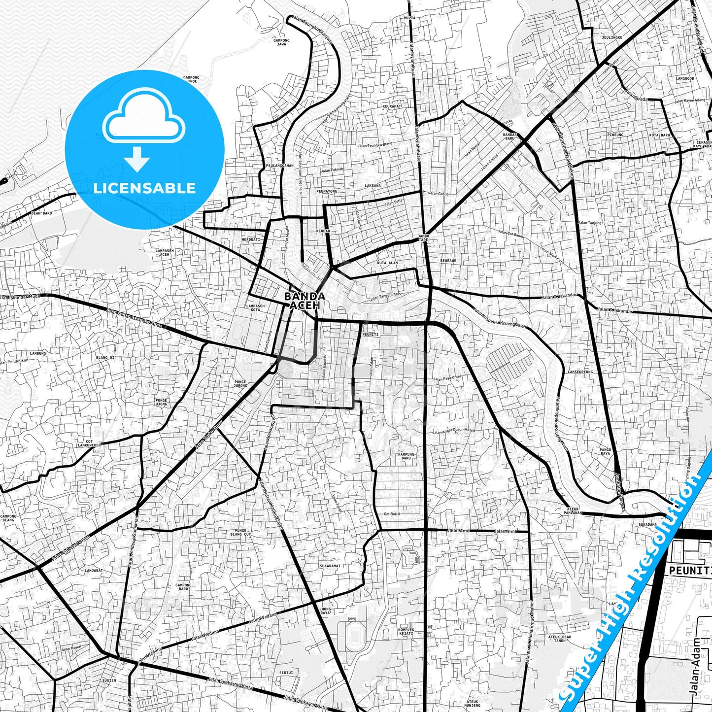 Banda Aceh, Indonesia Light Map with Street Names, City Names, and Districts