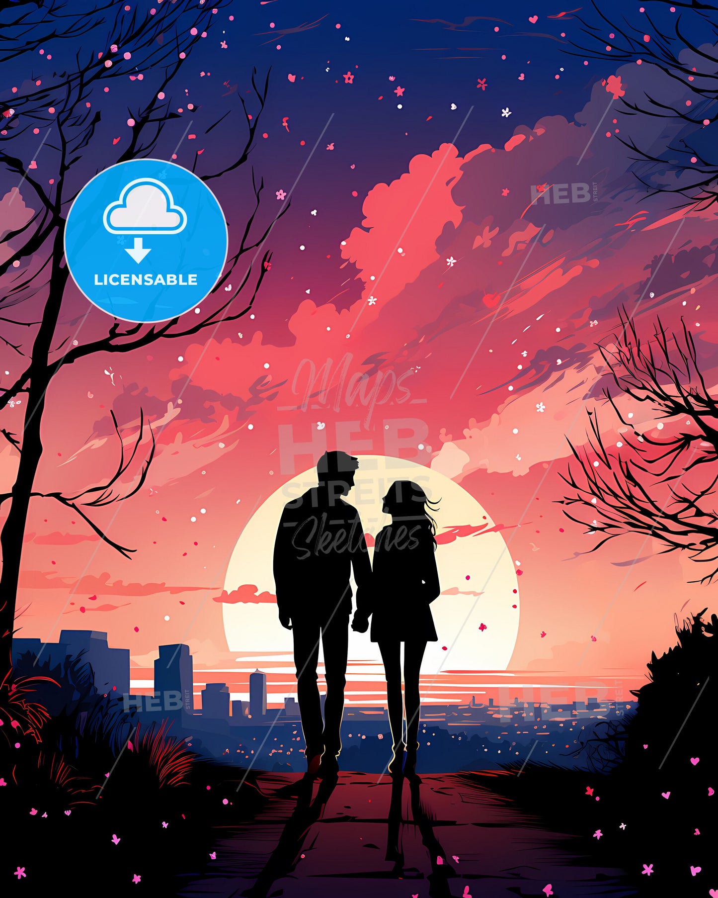 Colorful Bandung Indonesia Cityscape Painting of Couple on Hill Overlooking Skyline