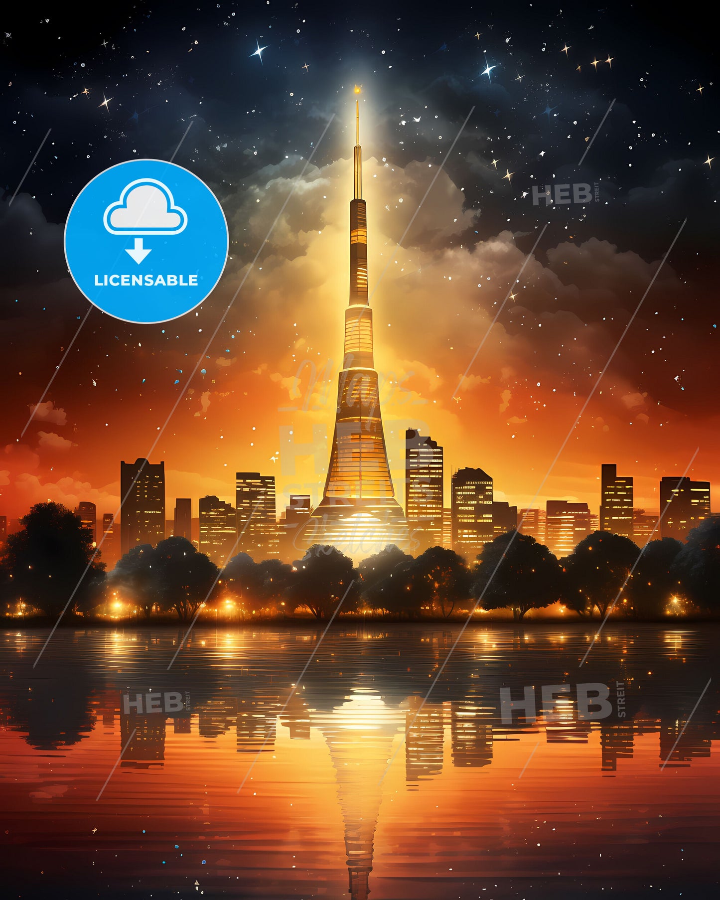 Painting of Bandung Skyline with Illuminated Tower at Night - Vibrant Cityscape Art