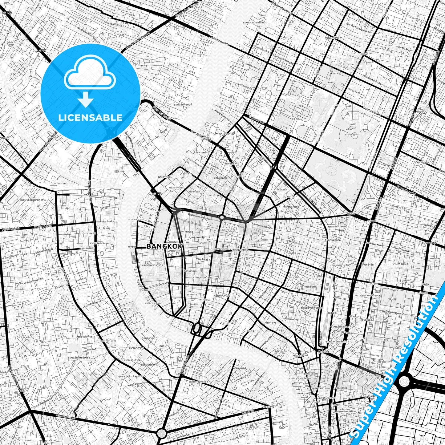Bangkok, Thailand Light Map with Street Names, City Names, and Districts