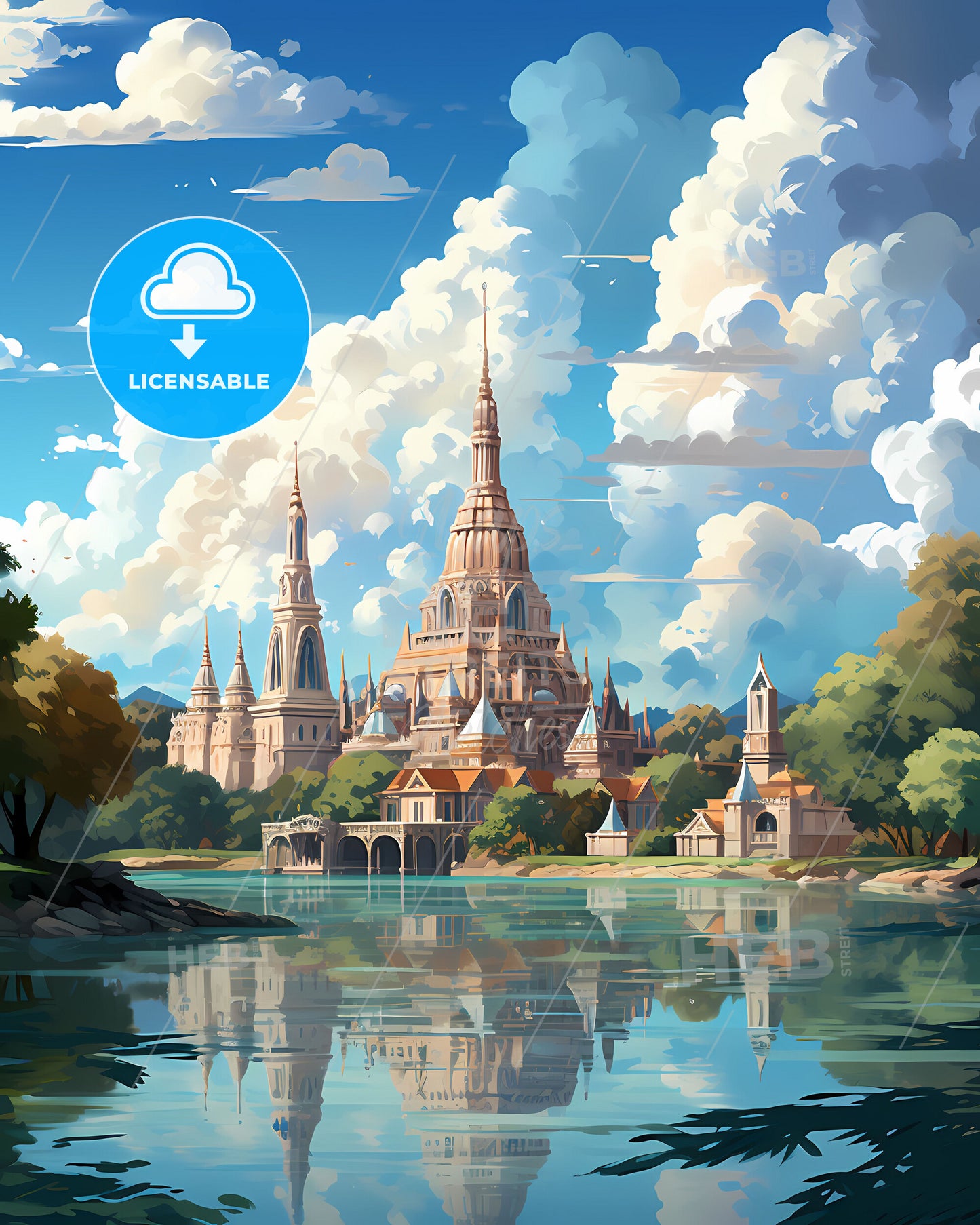 Colorful Bangkok Thailand Cityscape Painting with Castle, Trees, and Lake