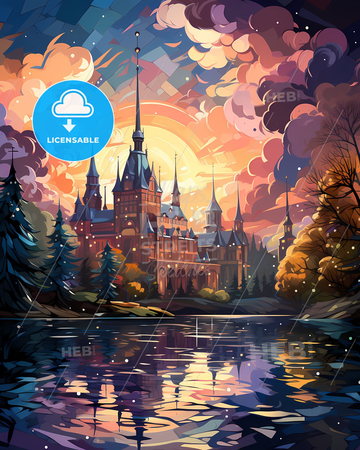 Bangkok Thailand Pastel Painting: Stunning Castle, Trees, Lake View