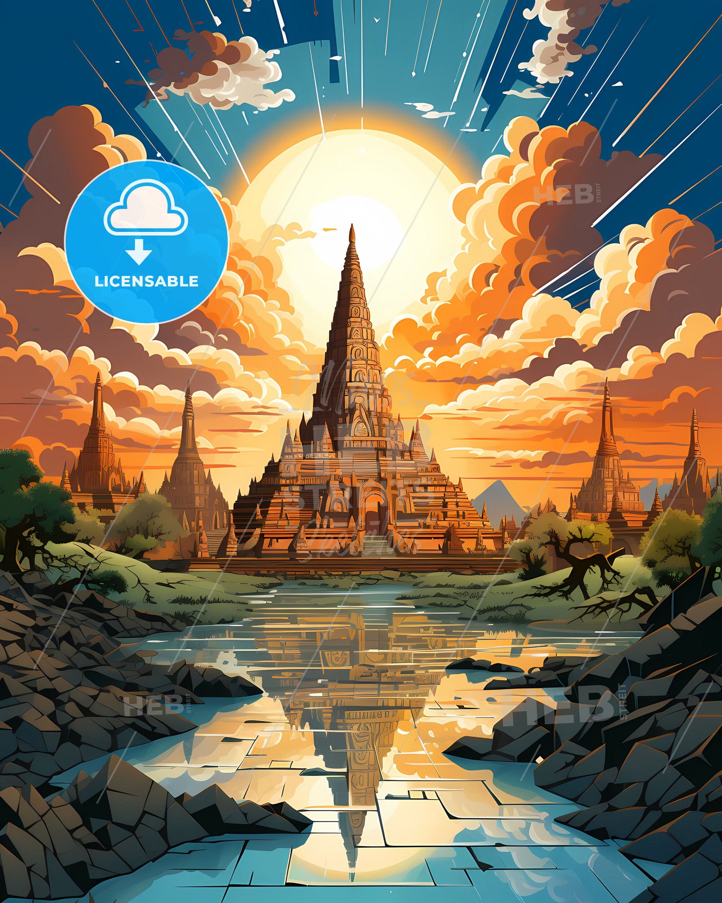 Abstract Painting Bangkok Skyline Large Building Towers River Sunset Vibrant Art