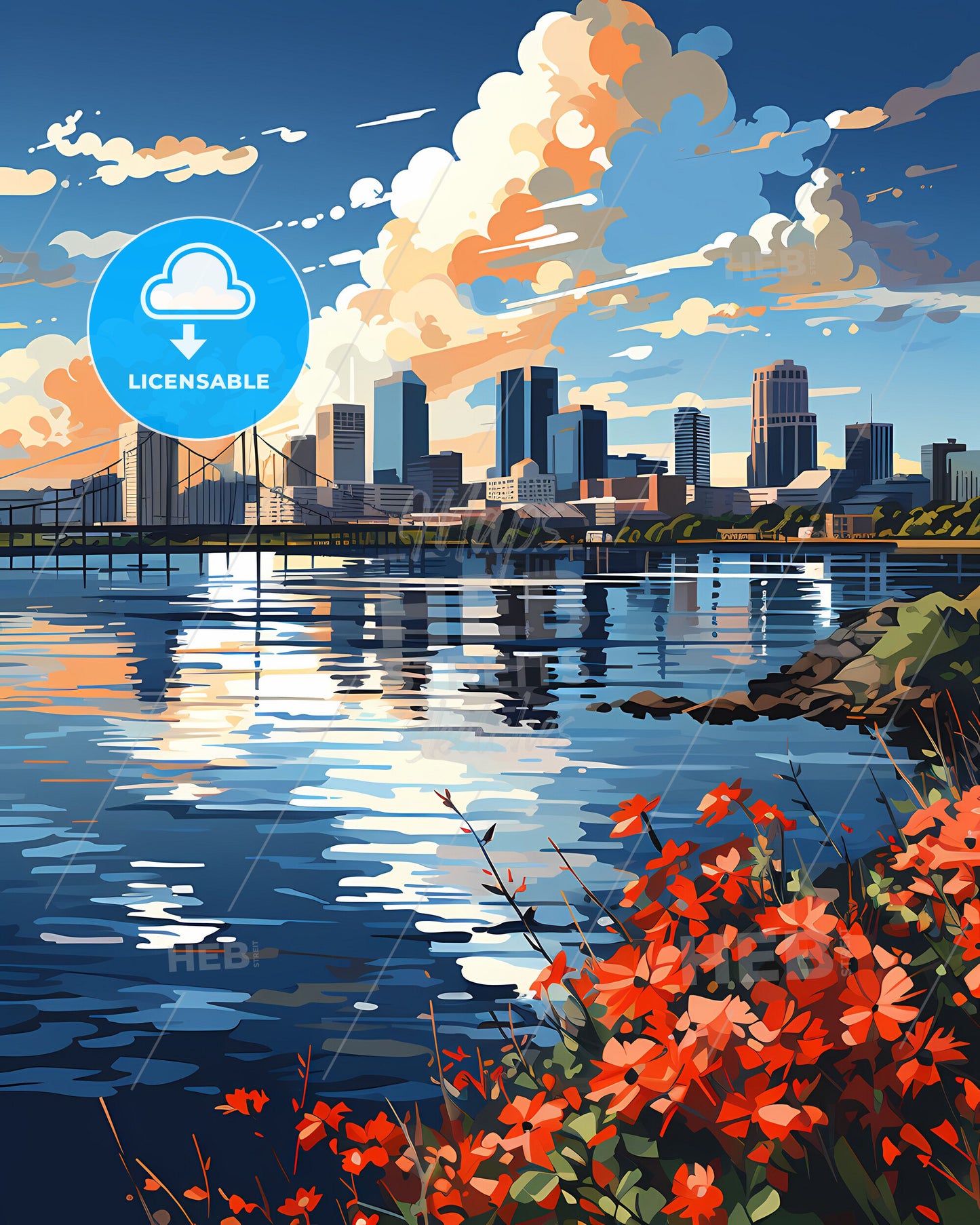 Vibrant Bangkok Cityscape Painting with Bridge Flowers Water