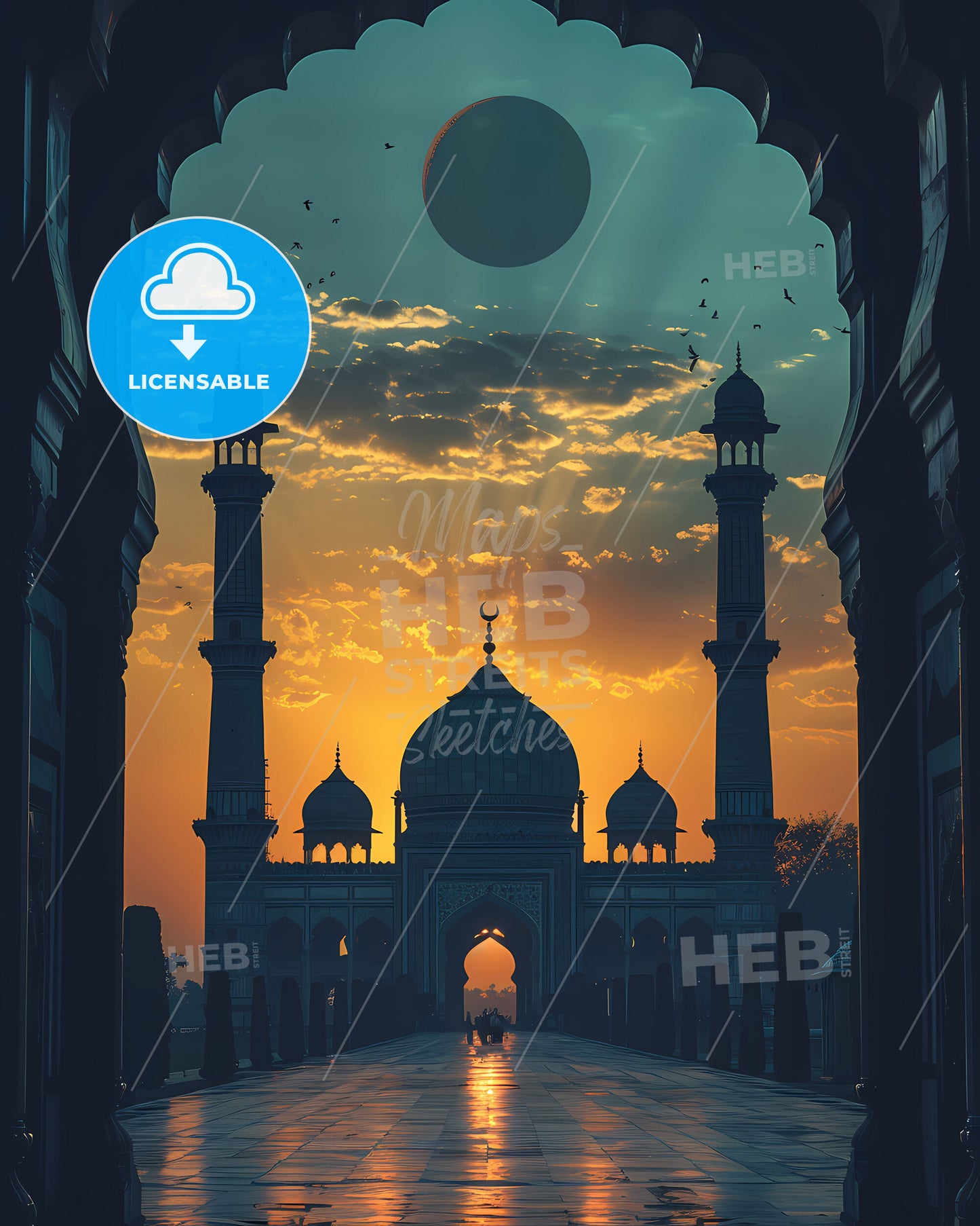 Colorful Bangladeshi Tower Painting, South Asian Art, Moonlit Sky, Architectural Artwork, Cultural Symbolism