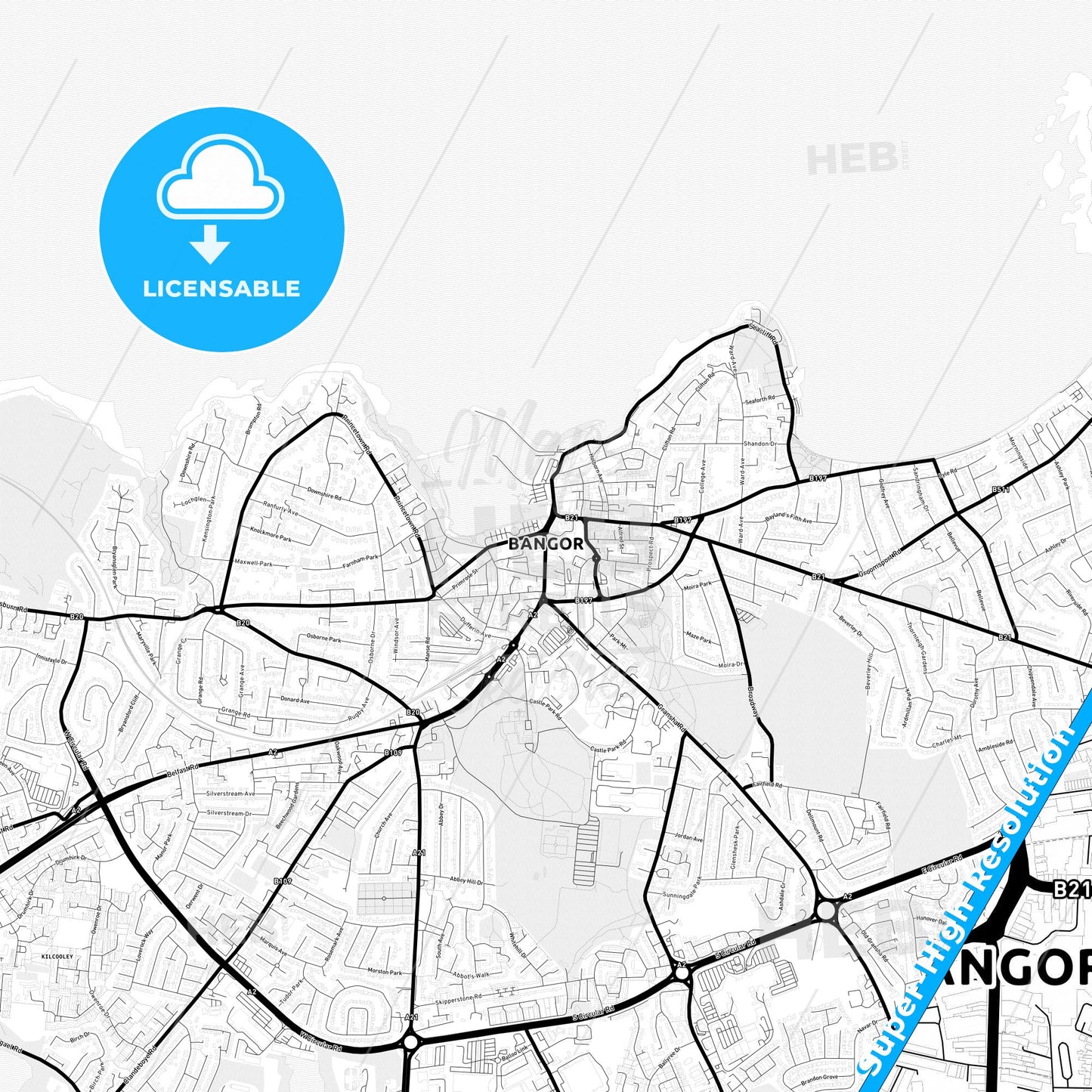 Bangor, Northern Ireland Light Map with Street Names, City Names, and Districts