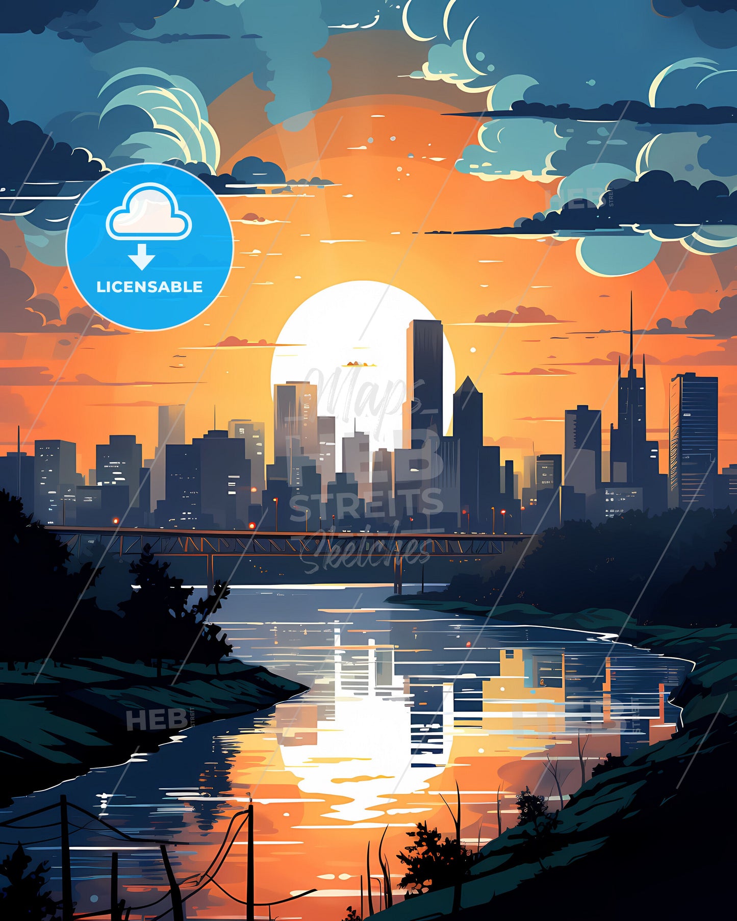 Abstract Colorful Bangui Cityscape Mixed Media Digital Painting Skyline Architecture River Bridge Central African Republic