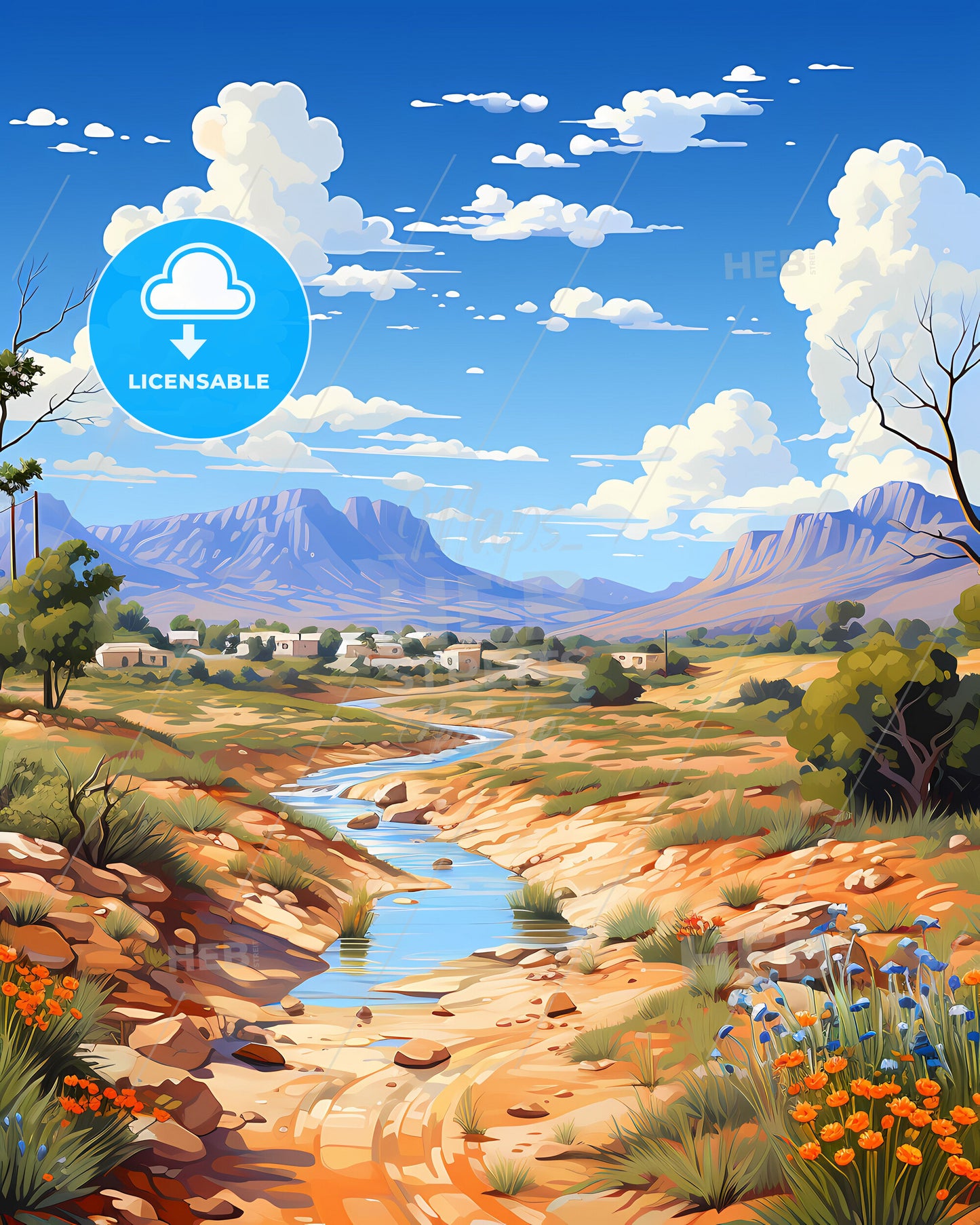 Vibrant Artistic Impression of Bani Yas City Skyline, United Arab Emirates River Valley