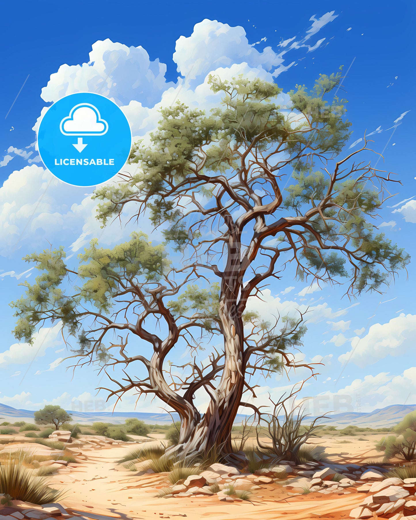 Vibrant Painting: Bani Yas City United Arab Emirates Skyline with Tree in Desert