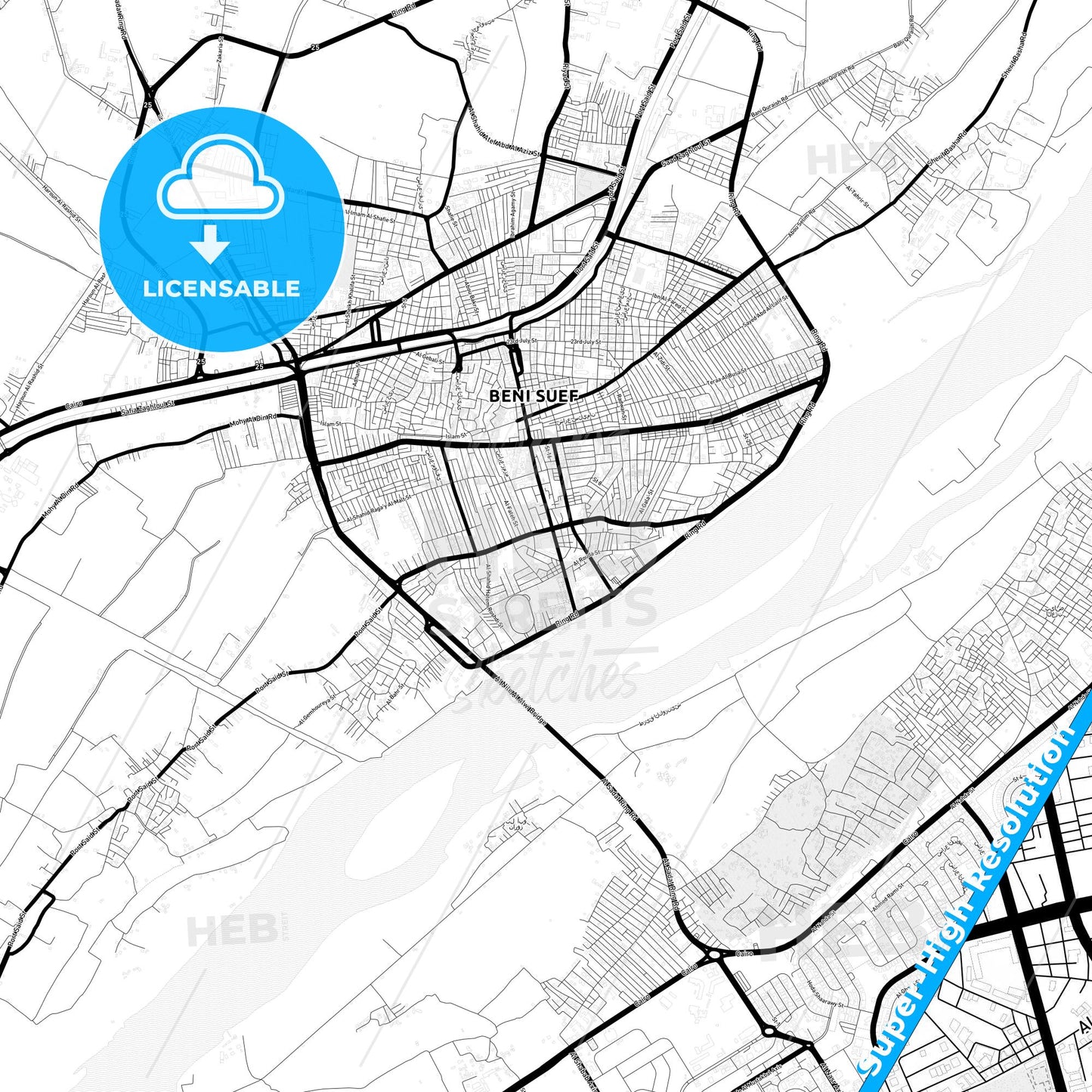 Bani Suwayf, Egypt Light Map with Street Names, City Names, and Districts