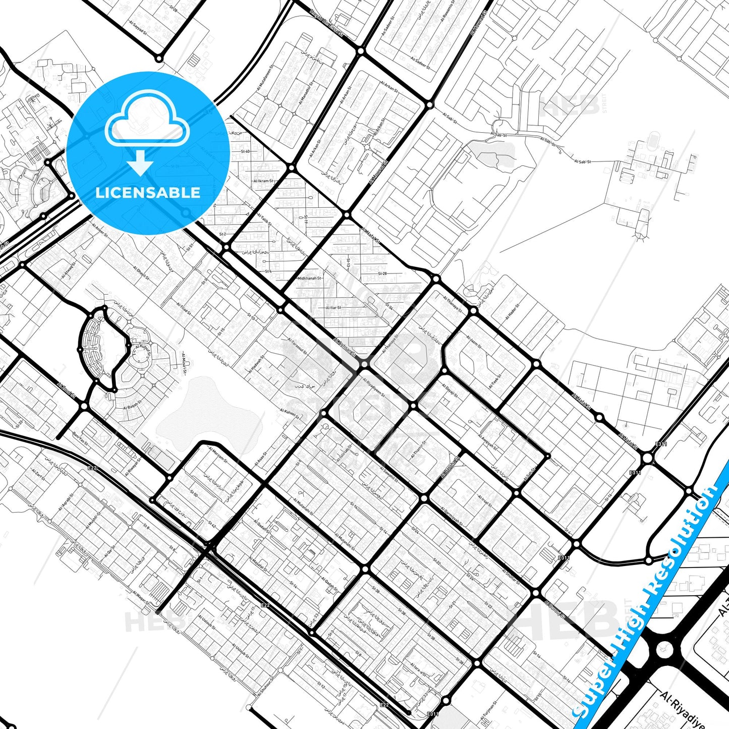 Bani Yas City, United Arab Emirates Light Map with Street Names, City Names, and Districts