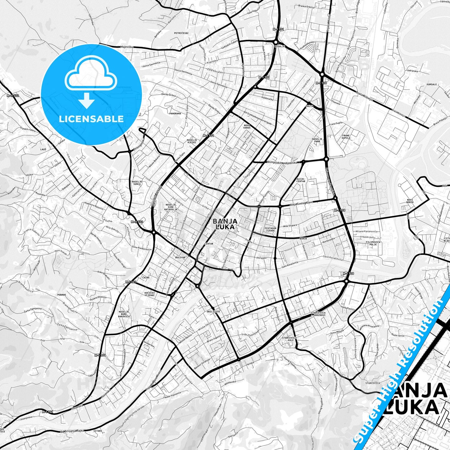 Banja Luka, Bosnia and Herzegovina Light Map with Street Names, City Names, and Districts