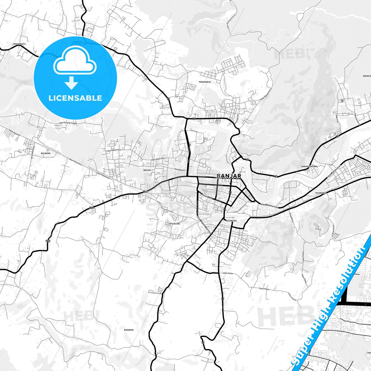 Banjar, Indonesia Light Map with Street Names, City Names, and Districts