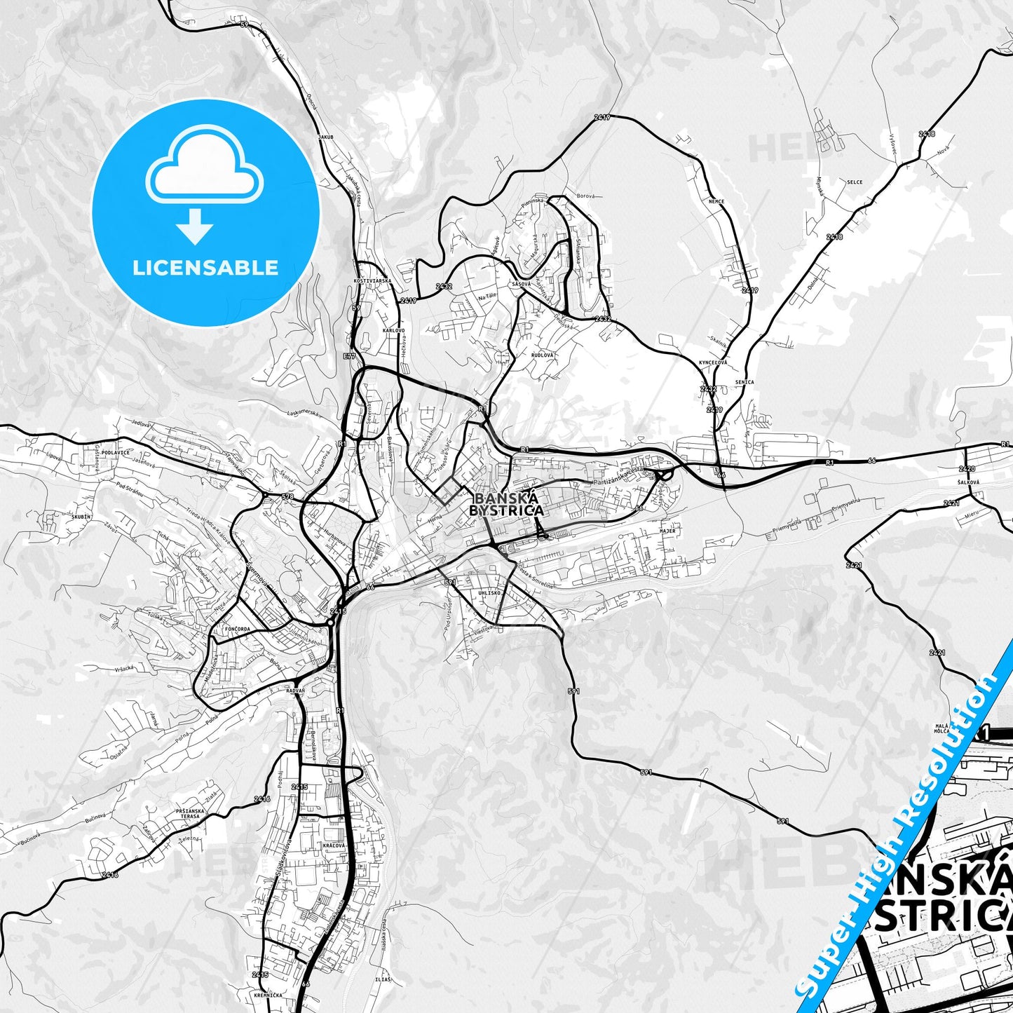Banská Bystrica, Slovakia Light Map with Street Names, City Names, and Districts