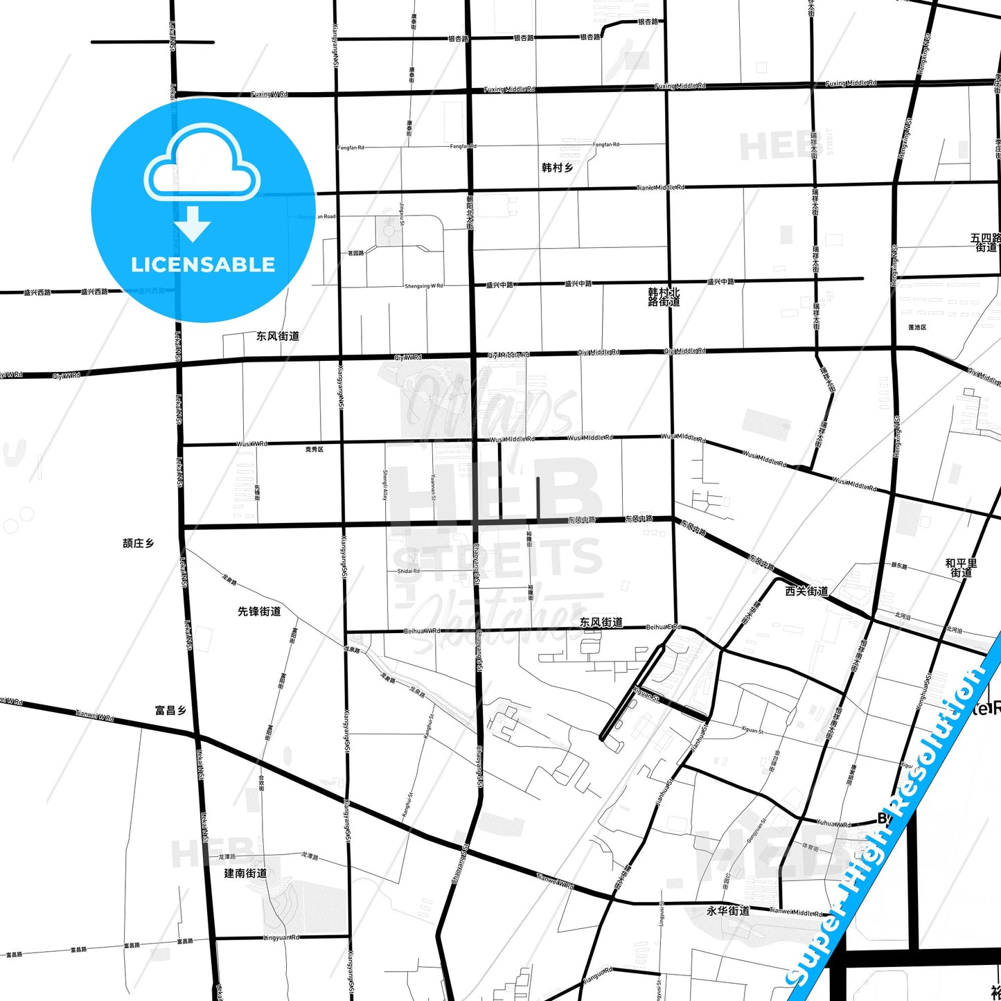 Baoding, China Light Map with Street Names, City Names, and Districts