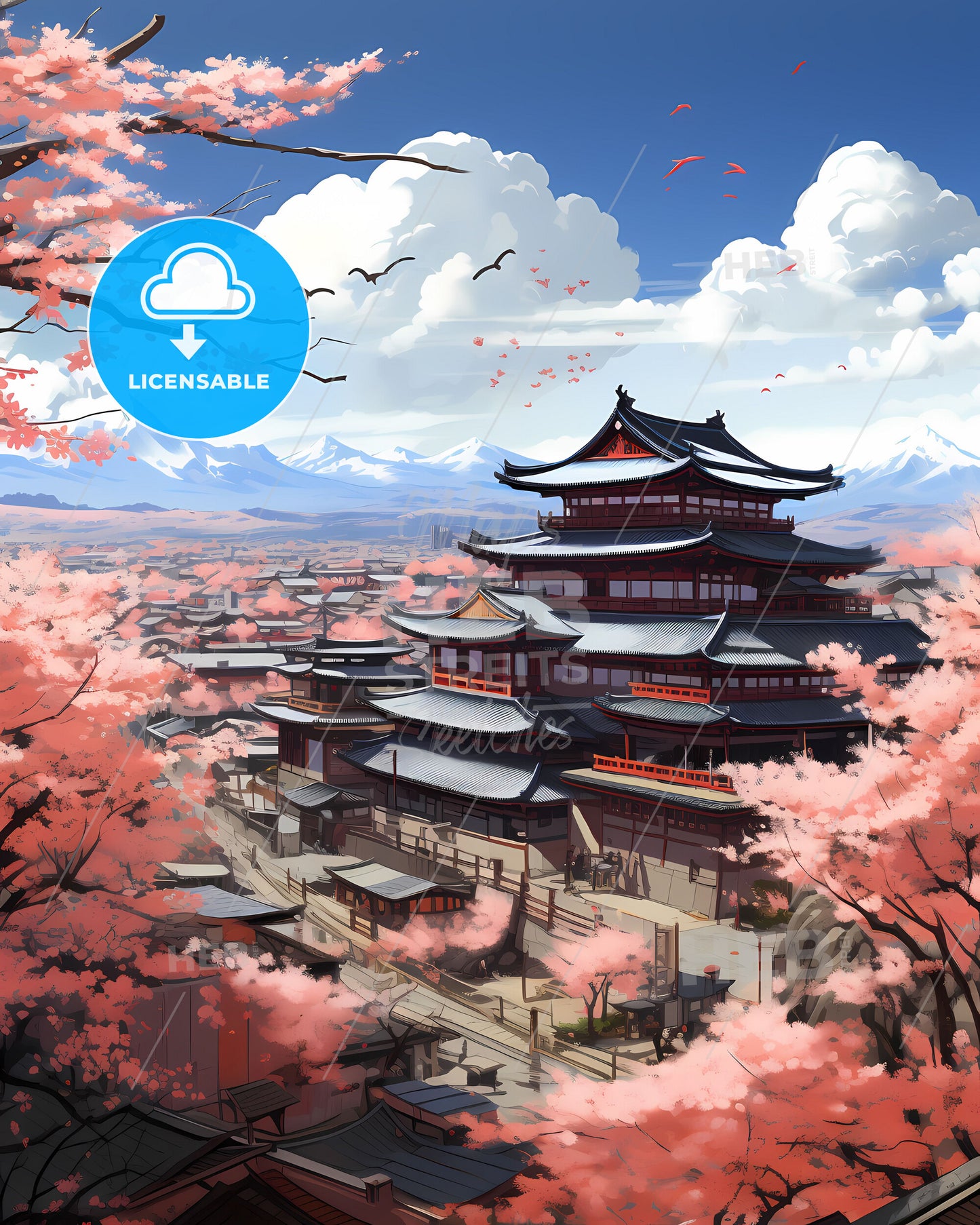 Striking Artwork of Baoding City Skyline Featuring Pagoda and Mountains