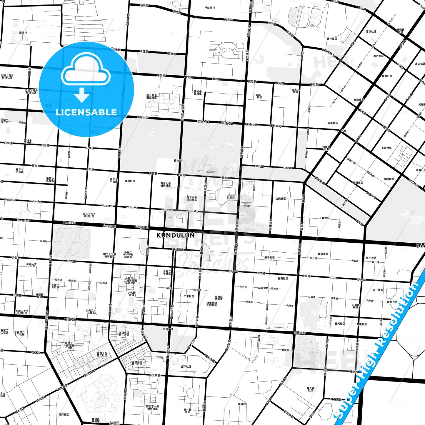 Baotou, China Light Map with Street Names, City Names, and Districts