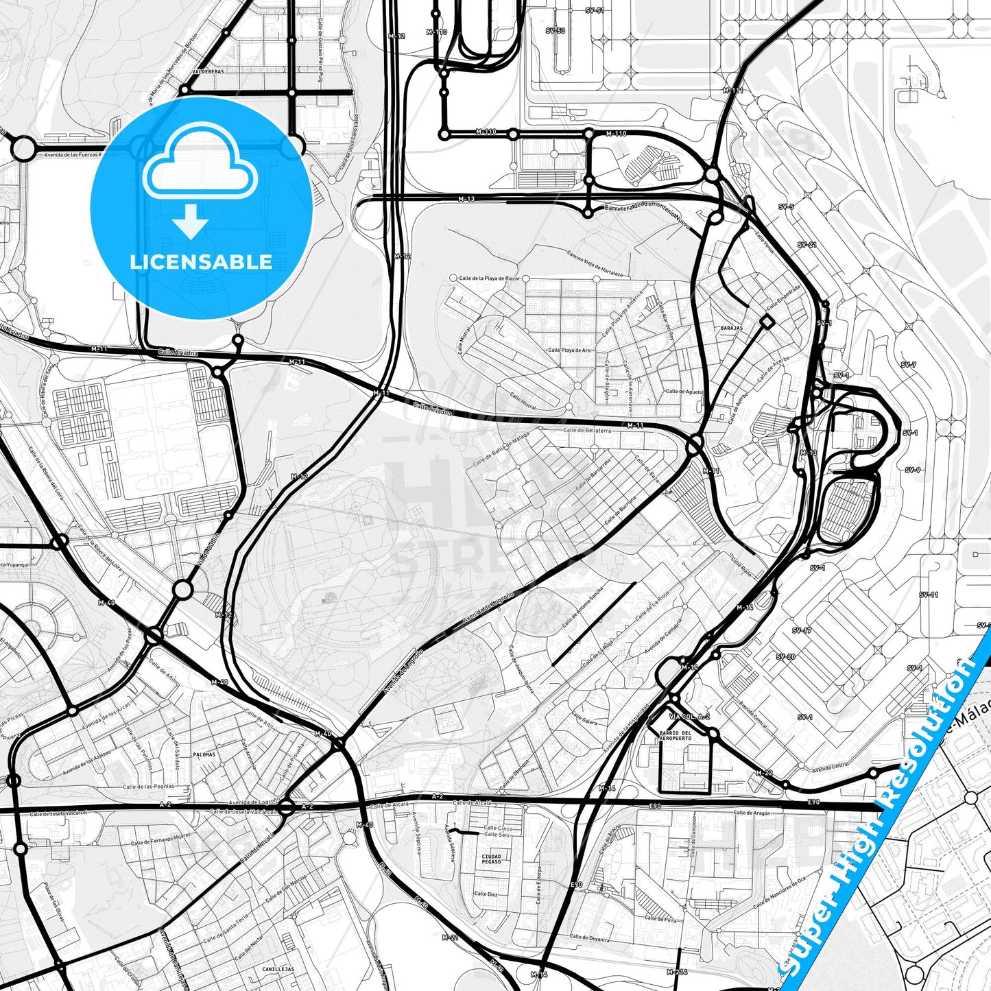 Barajas de Madrid, Spain Light Map with Street Names, City Names, and Districts