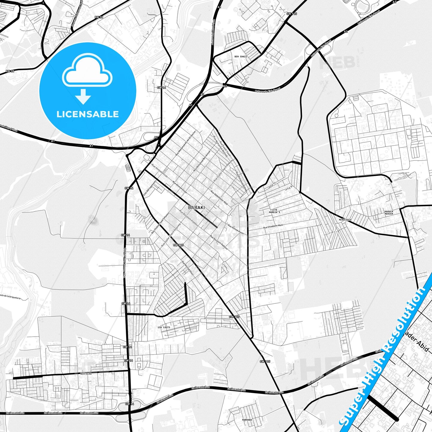 Baraki, Algeria Light Map with Street Names, City Names, and Districts