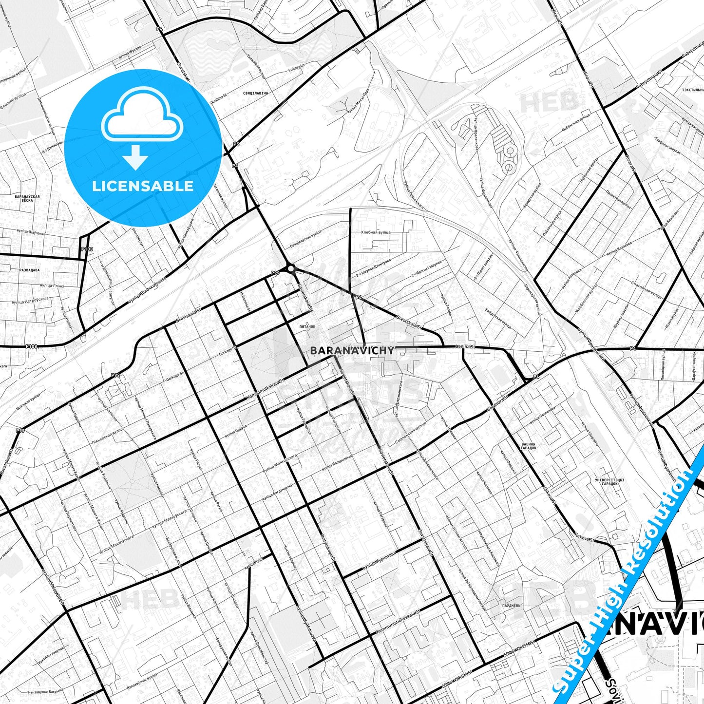 Baranavichy, Belarus Light Map with Street Names, City Names, and Districts