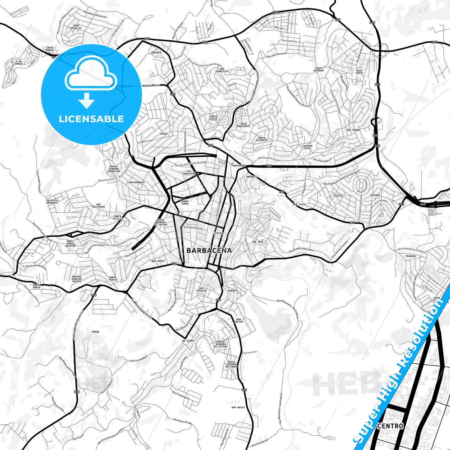 Barbacena, Brazil Light Map with Street Names, City Names, and Districts