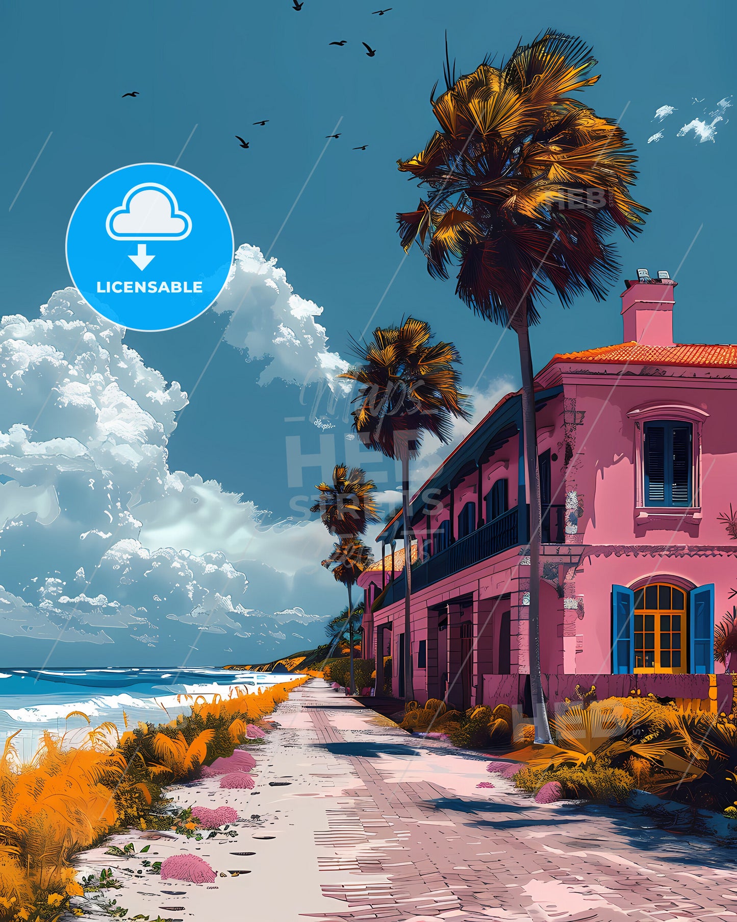 Abstract Barbados Artwork, North America - Pink Building with Palm Trees on Beach