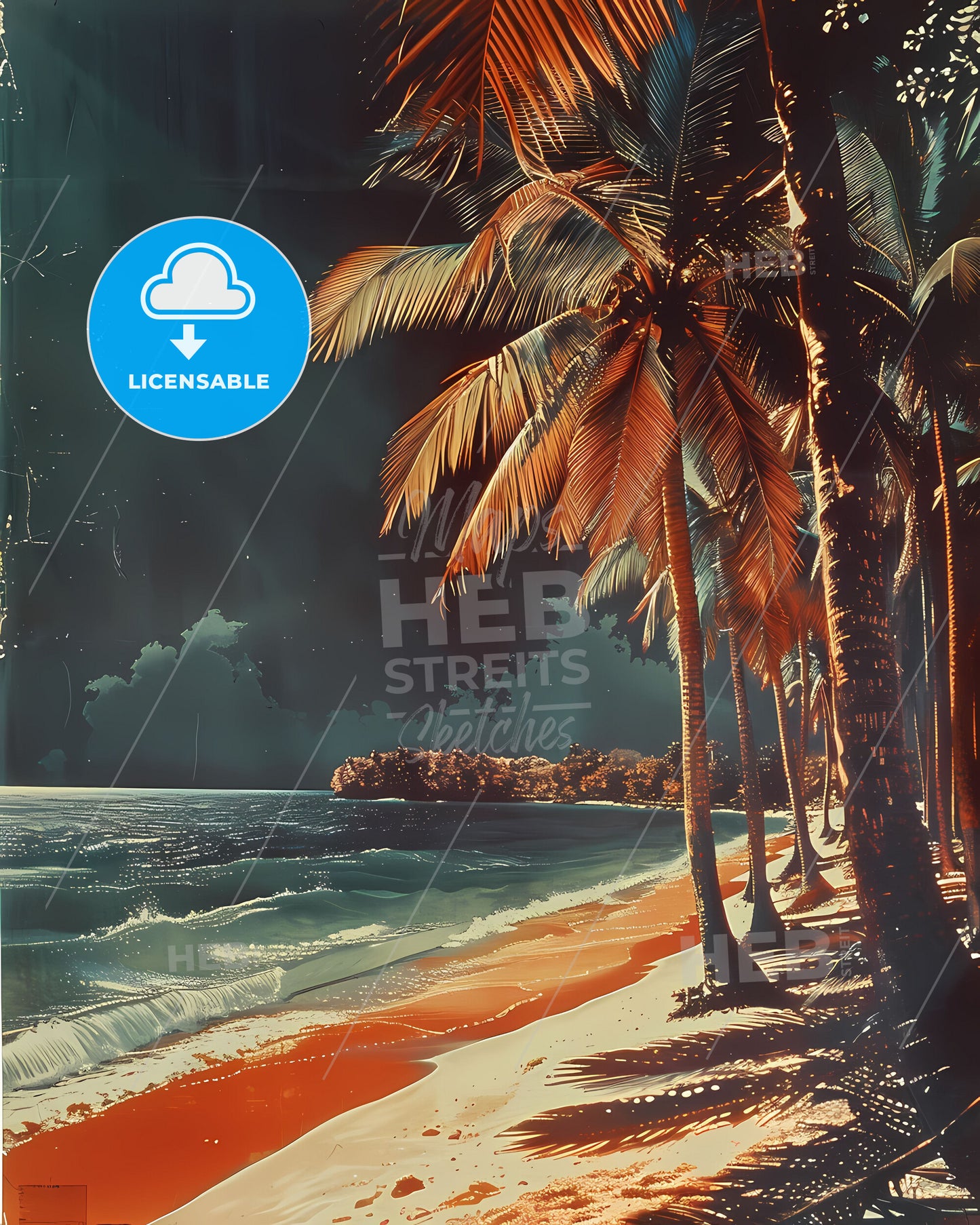 Vibrant Painting of Beach Scene in Barbados, North America with Palm Trees and Waves