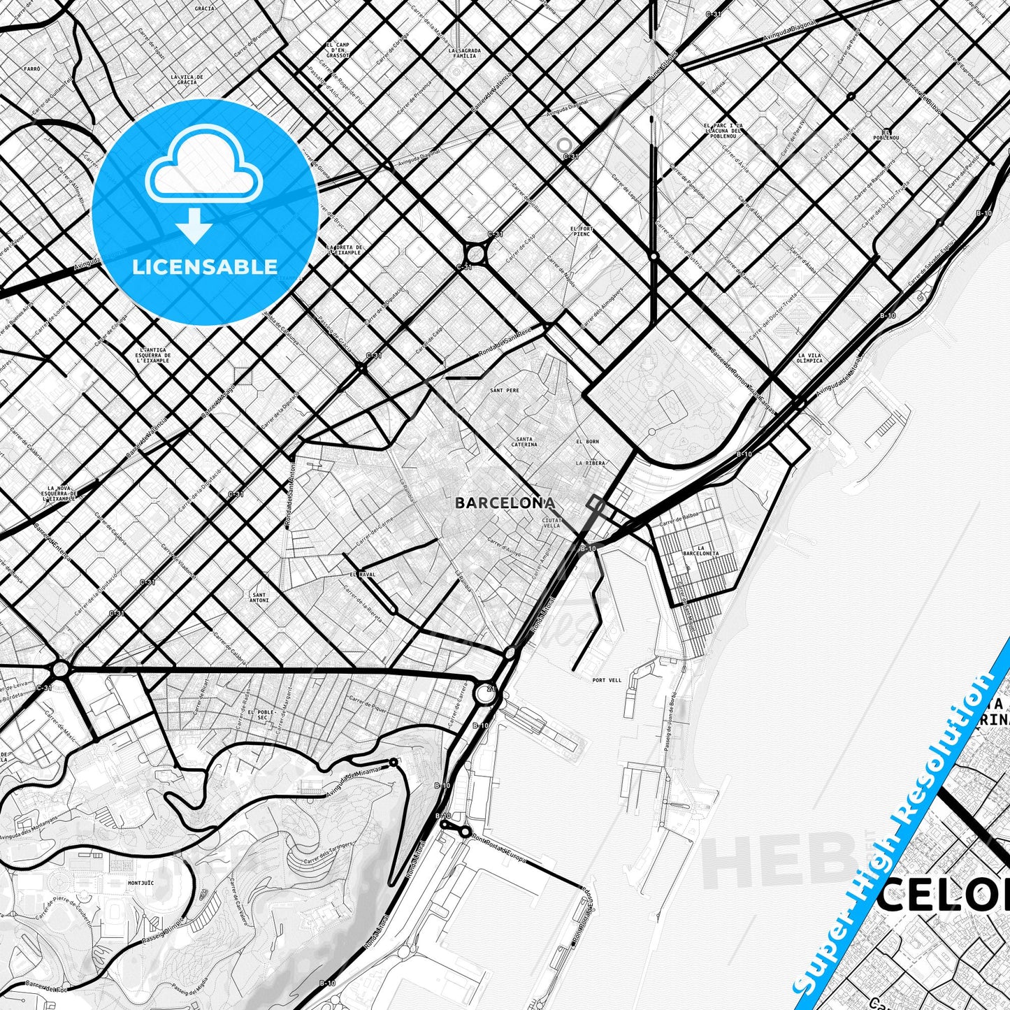 Barcelona, Spain Light Map with Street Names, City Names, and Districts