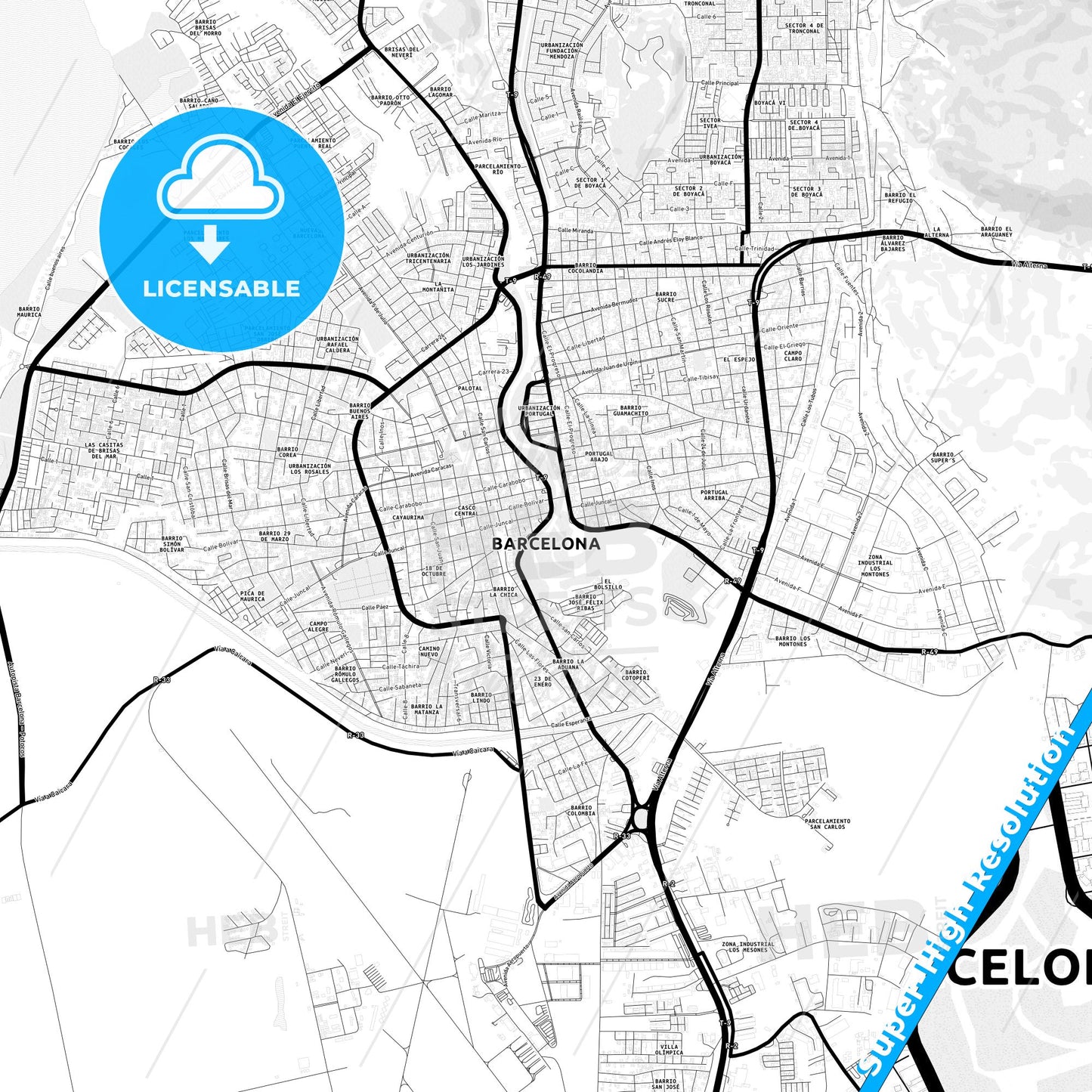 Barcelona, Venezuela Light Map with Street Names, City Names, and Districts