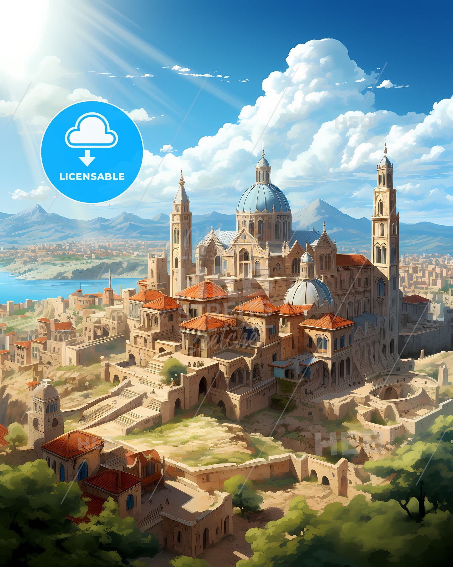 Barcelona, Venezuela Skyline, City Painting Artwork, Blue Dome, Red Roofs, vibrant colors, art, vibrant colors