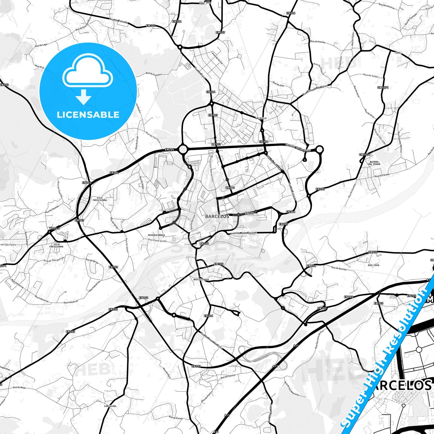 Barcelos, Portugal Light Map with Street Names, City Names, and Districts